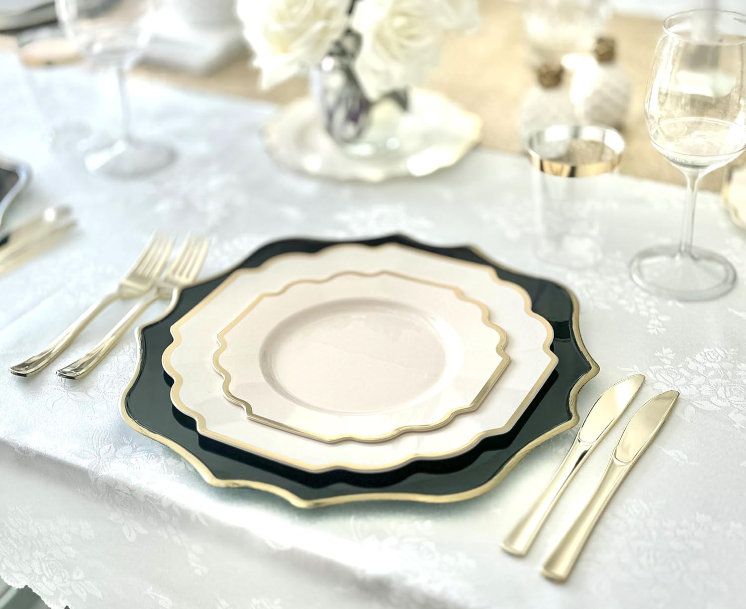 " OCCASIONS " 240 Plates Pack (120 Guests) Heavyweight Wedding Party Disposable Plastic Plates Set -120 x 10.5'' Dinner + 120 x 8'' Salad/Dessert Plate (Imperial Ivory & Gold) - Image 6