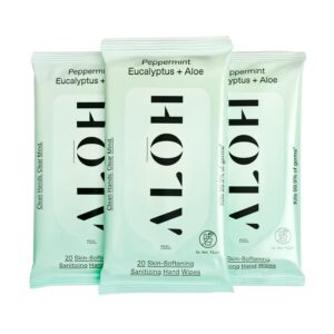 ALŌH Peppermint Eucalyptus + Aloe Sanitizing Hand Wipes – Clean Hands, Clear Mind On The Go Sanitizer for Kids and Adults – Travel Size 3 Pack 20ct Wipes (60 Wipes)