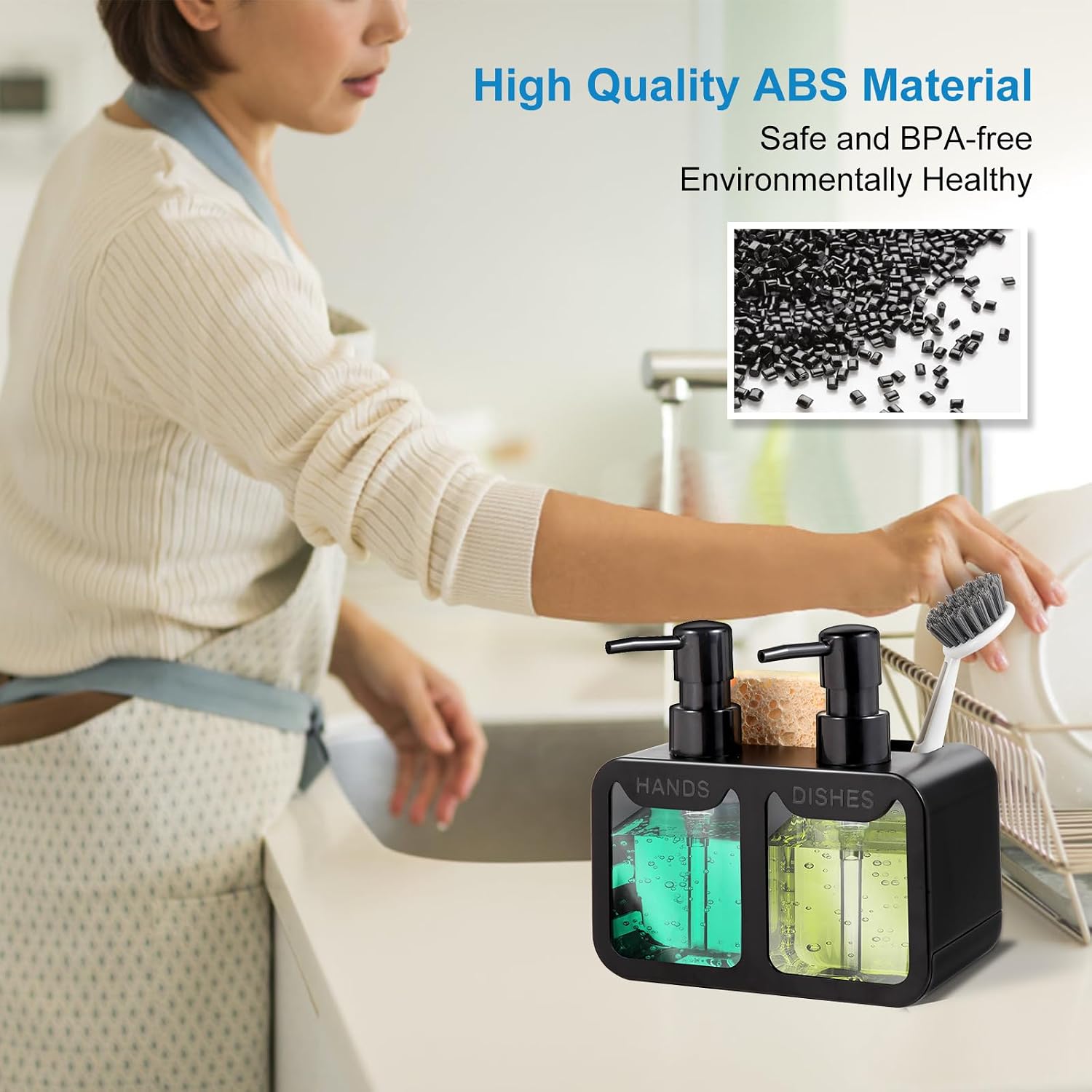 Kitchen Soap Dispenser Set, with Hand and Dish Soap, Sponge Caddy and Brush Holder 4-in-1 Kitchen Dual Soap Dispenser Set for Kitchen Sink, Bathroom - Black - Image 4