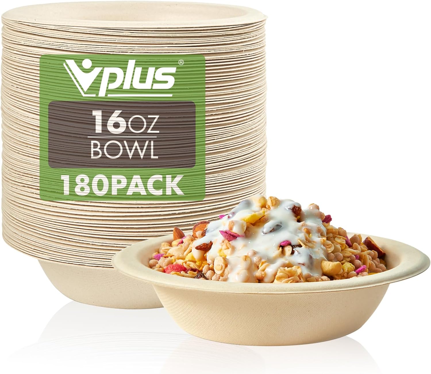 Vplus 180 Pack 16 OZ Paper Bowls, Disposable Compostable Bulk, Eco-friendly Bagasse, Heavy-duty Bowls Perfect for Milk Cereals, Snacks, Salads - Image 2