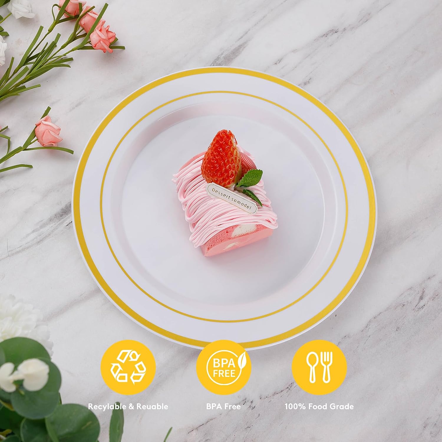 Goodluck 200PCS Gold Plastic Plates, Heavy Duty Disposable Gold Plates with 100 10.25 inch Dinner Plates and 100 7.5 inch Dessert Plates for Party, Holiday, Wedding, Thanksgiving - Image 6