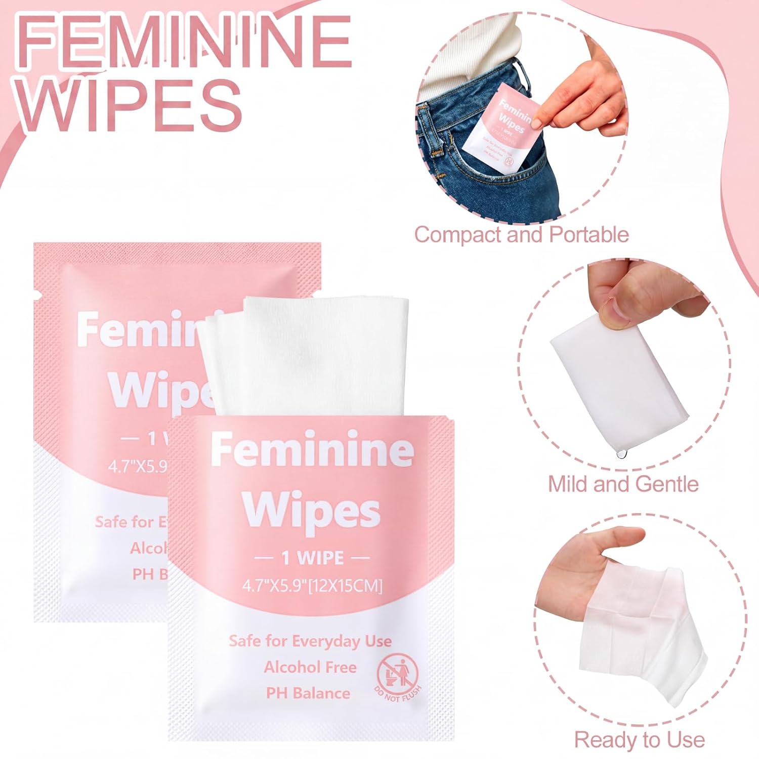 300 Pieces Bulk Feminine Wipes Individually Wrapped Travel Size Women Unscented Intimate Period Cleansing Wipes Deodorant Feminine Products Care Kits Private Parts Ph Balanced(Pink) - Image 4
