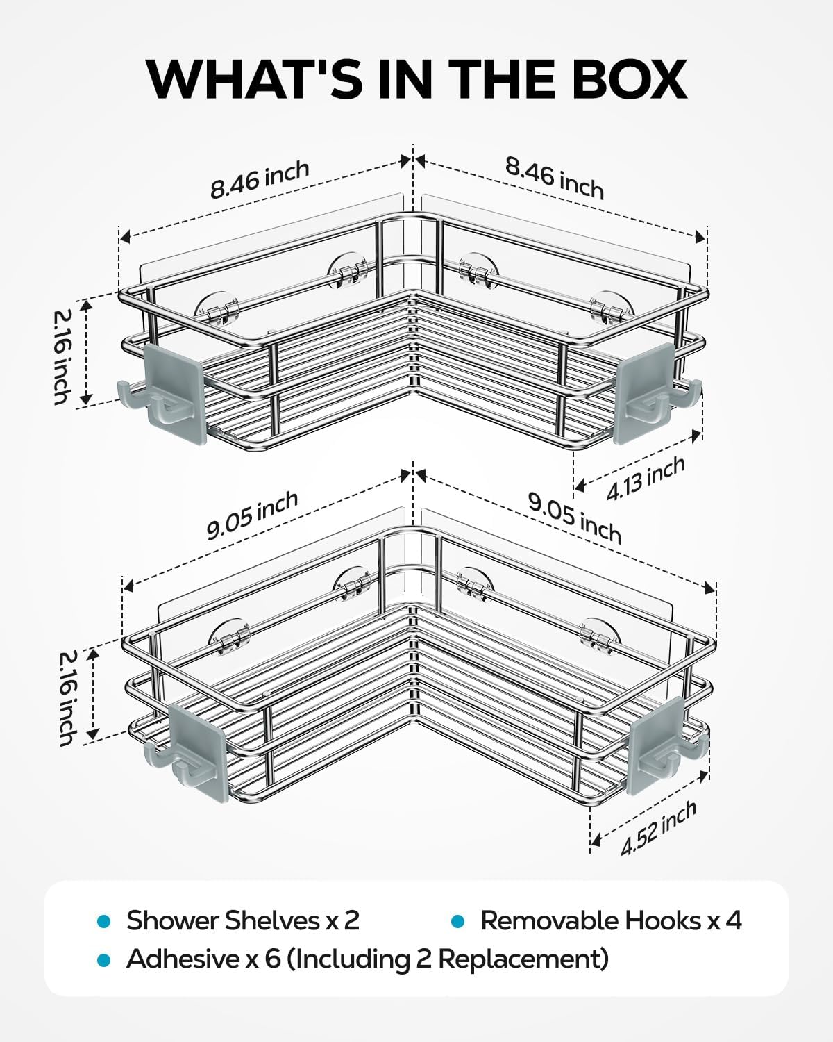 Nieifi Corner Shower Shelves Stainless Steel, Adhesive Shower Caddy Basket Rack with Hooks, Rust Proof for Bathroom Shelf Shampoo Holder (Silver, 2 Pack) - Image 8