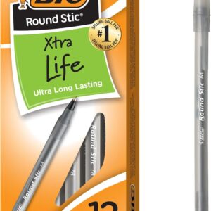 BIC Round Stic Xtra Life Black Ballpoint Pens, Medium Point (1.0mm), 12-Count Pack of Bulk Pens, Flexible Round Barrel for Writing Comfort, No. 1 Selling Ballpoint Pens