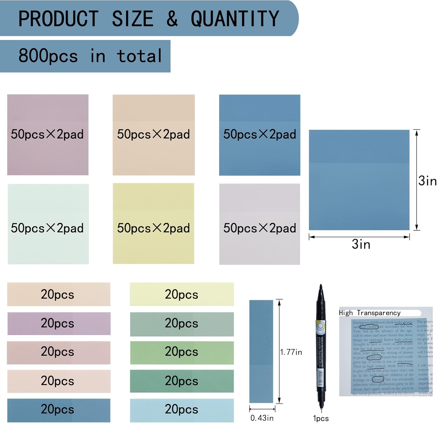 YOUDEFUL 800Pcs Transparent Sticky Notes, 3"x3" Clear Sticky Notes, Waterproof Translucent Sticky Note Pads for Books Annotation, Clear Post it Notes for Bible Study, School, Office(Morandi) - Image 3