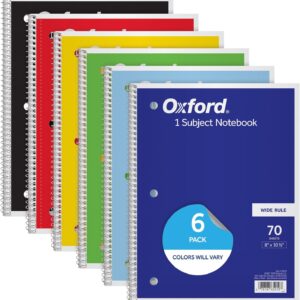 Oxford Spiral Notebook, 6 Pack, 1 Subject, Wide Ruled Paper, Notebooks for School, 8 x 10.5 Inches, 70 Sheets, Assorted Colors, Back to School Supplies (65010)