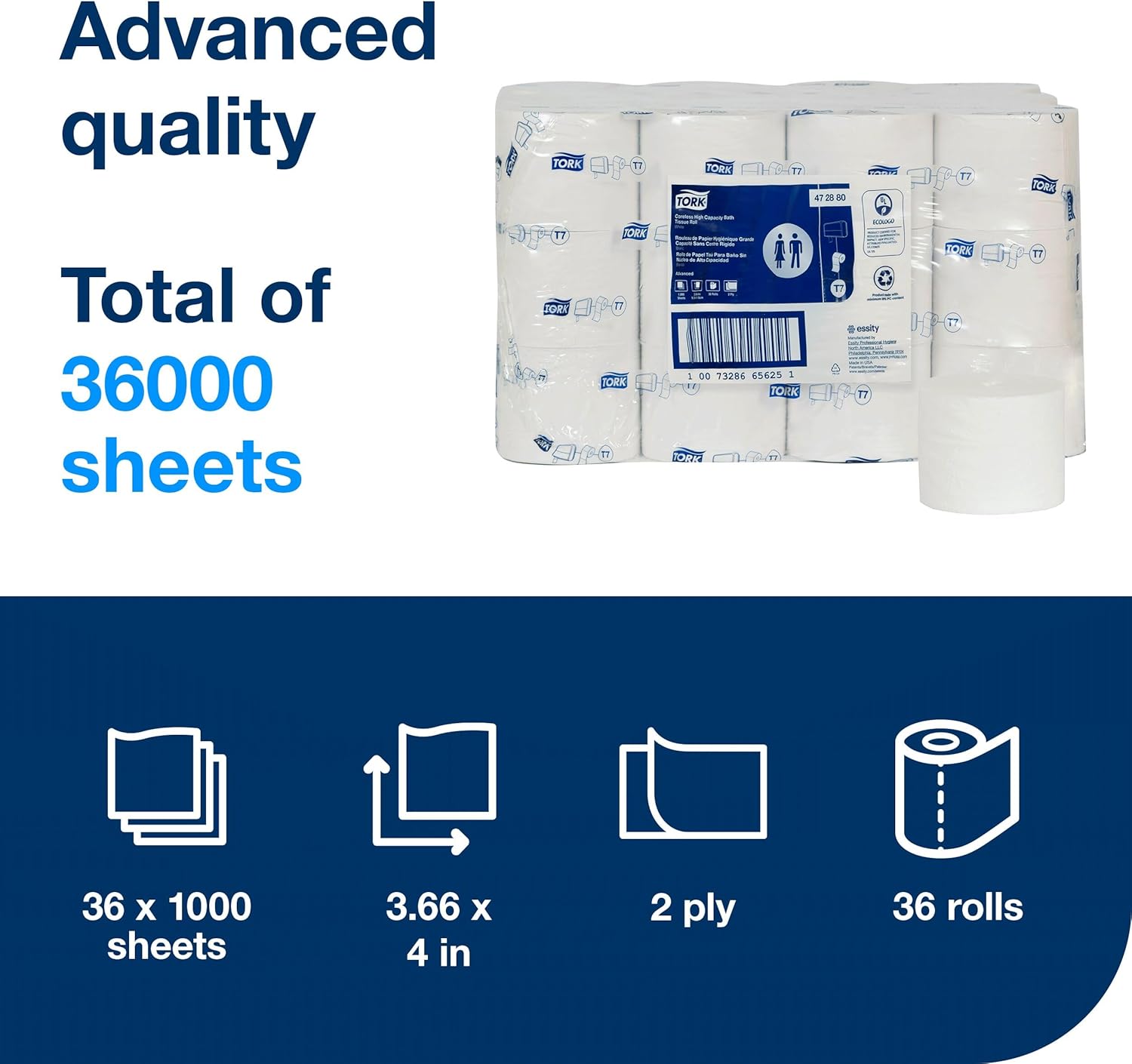 Tork Coreless High-Capacity Toilet Paper Roll White T7, Advanced, 2-Ply, 36 x 1000 sheets, 472880 - Image 4