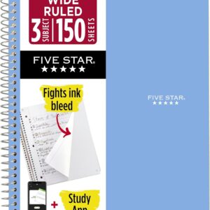 Five Star Spiral Notebook + Study App, 3 Subject, Wide Ruled Paper, 8″ x 10-1/2″, 150 Sheets, Fights Ink Bleed, Water Resistant Cover, Tidewater Blue (73184)