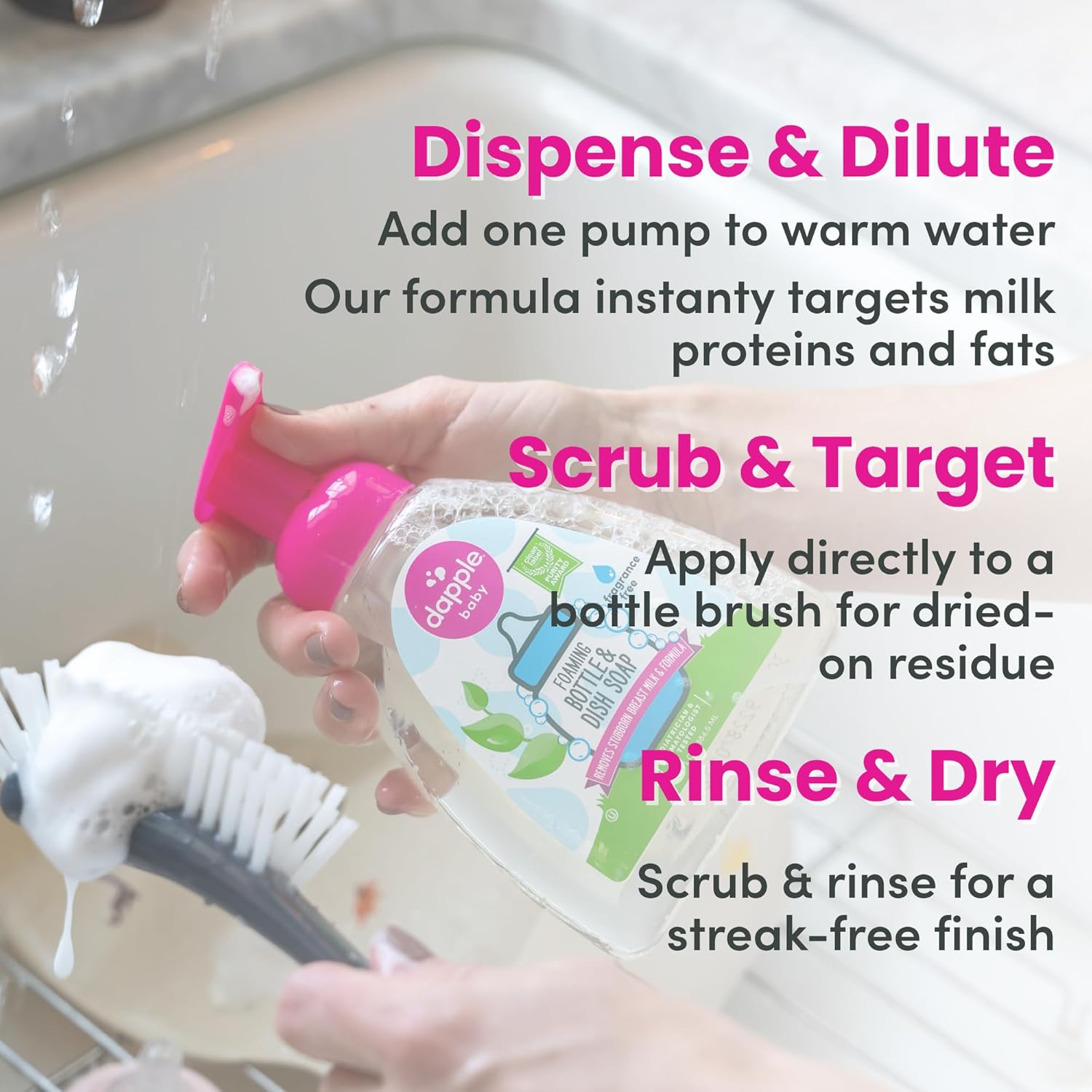Dapple Baby Fragrance-Free Foaming Baby Bottle & Dish Soap - 13 fl oz - Cleans Bottles, Sippy Cups, Pacifiers, Breast Pumps, & More - Gently Removes Milk Film & Odors - Fragrance Free - Image 4