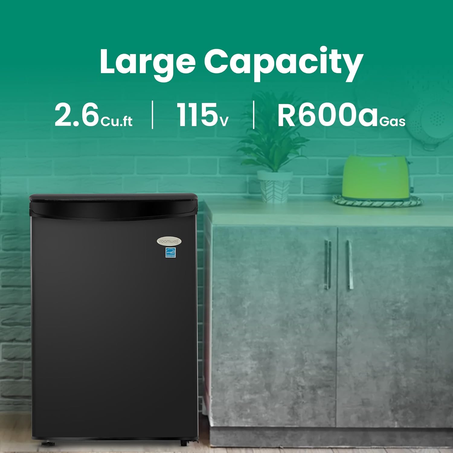 roomwell E-Star 2.6 Cu Ft Mini Fridge without Freezer - Black Mini Fridge AUTO DEFROST, Reversible Single Door, Glass Shelf Refrigerator - A Space-Saving Marvel for Your Bedroom, Dorm, and Office - Image 4