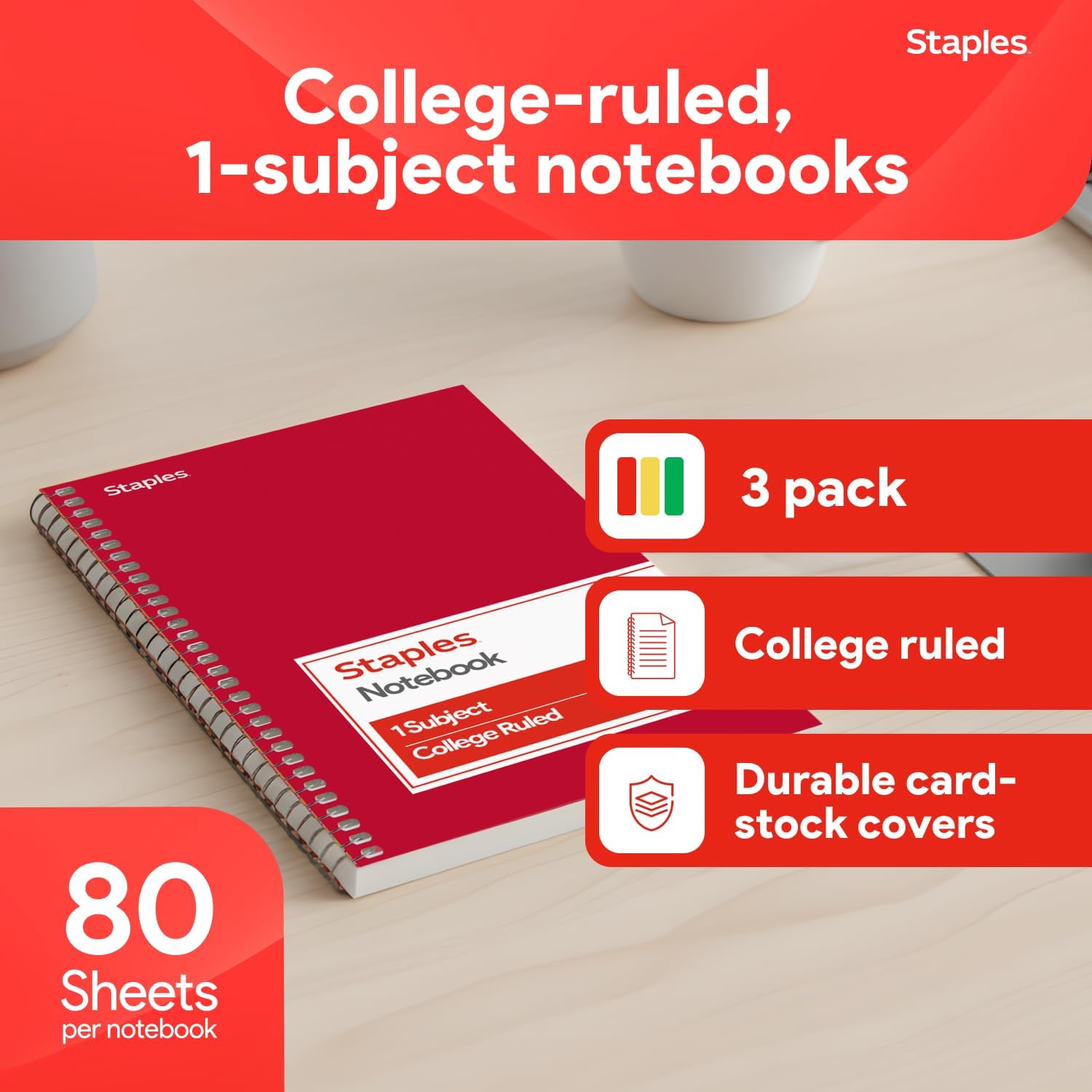 STAPLES 1‑Subject Spiral Notebook, College Ruled, 80 Sheets, Assorted Colors, 3‑Pack - Image 2