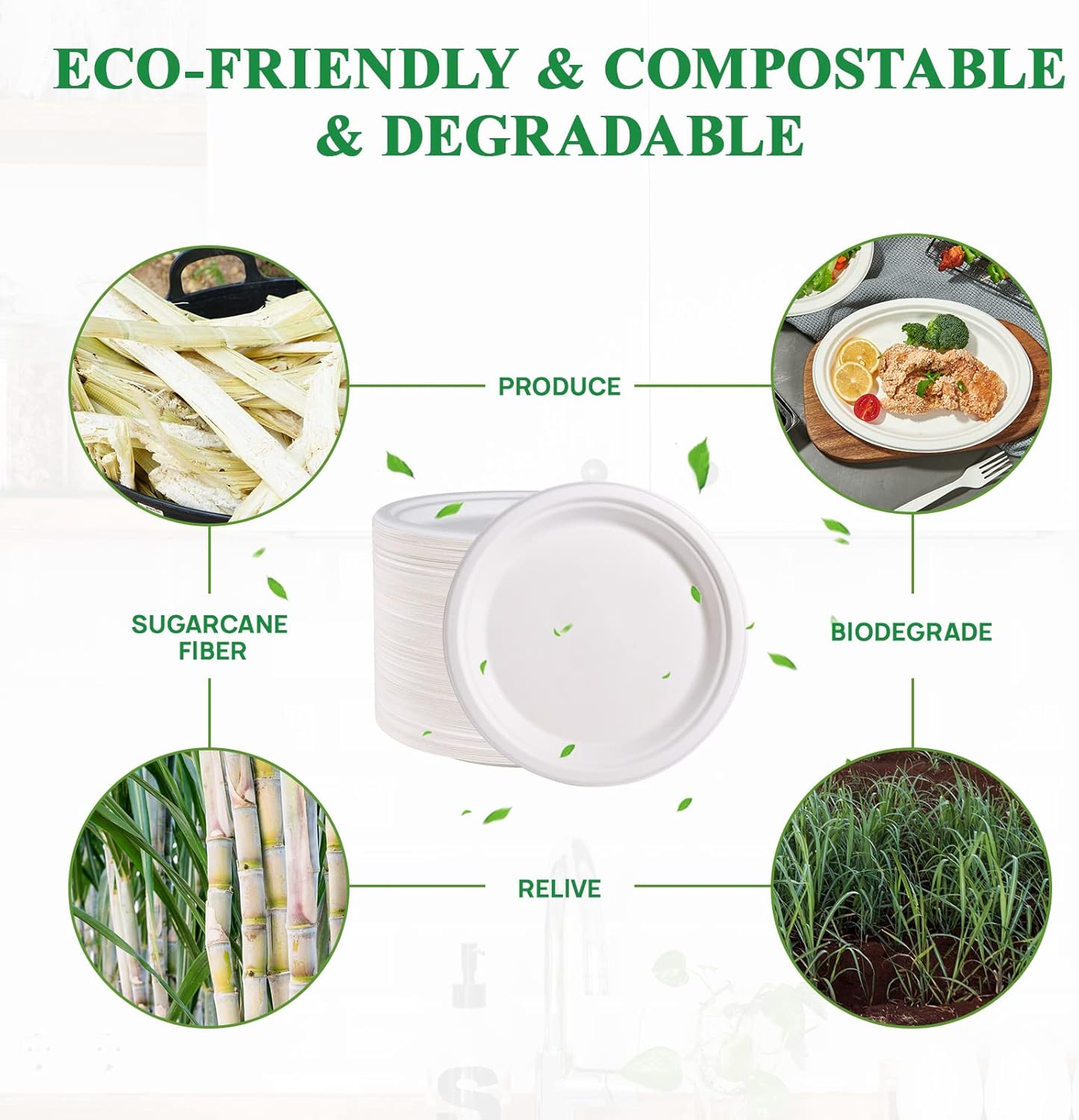 Vplus 500 Pack Paper Plates 9 inch 100% Compostable, Heavy-Duty Disposable Paper Plates Bagasse Natural Biodegradable Eco-Friendly Sugarcane(White) - Image 5