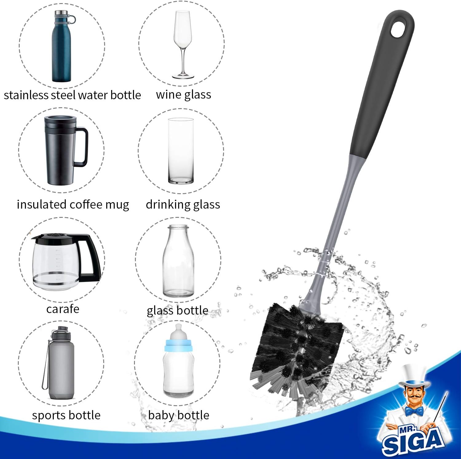 MR.SIGA Long Handle Bottle Brush, Flexible Scrub Brush for Water Bottles, Glasswares, Mugs, Black, 2 Pack - Image 5