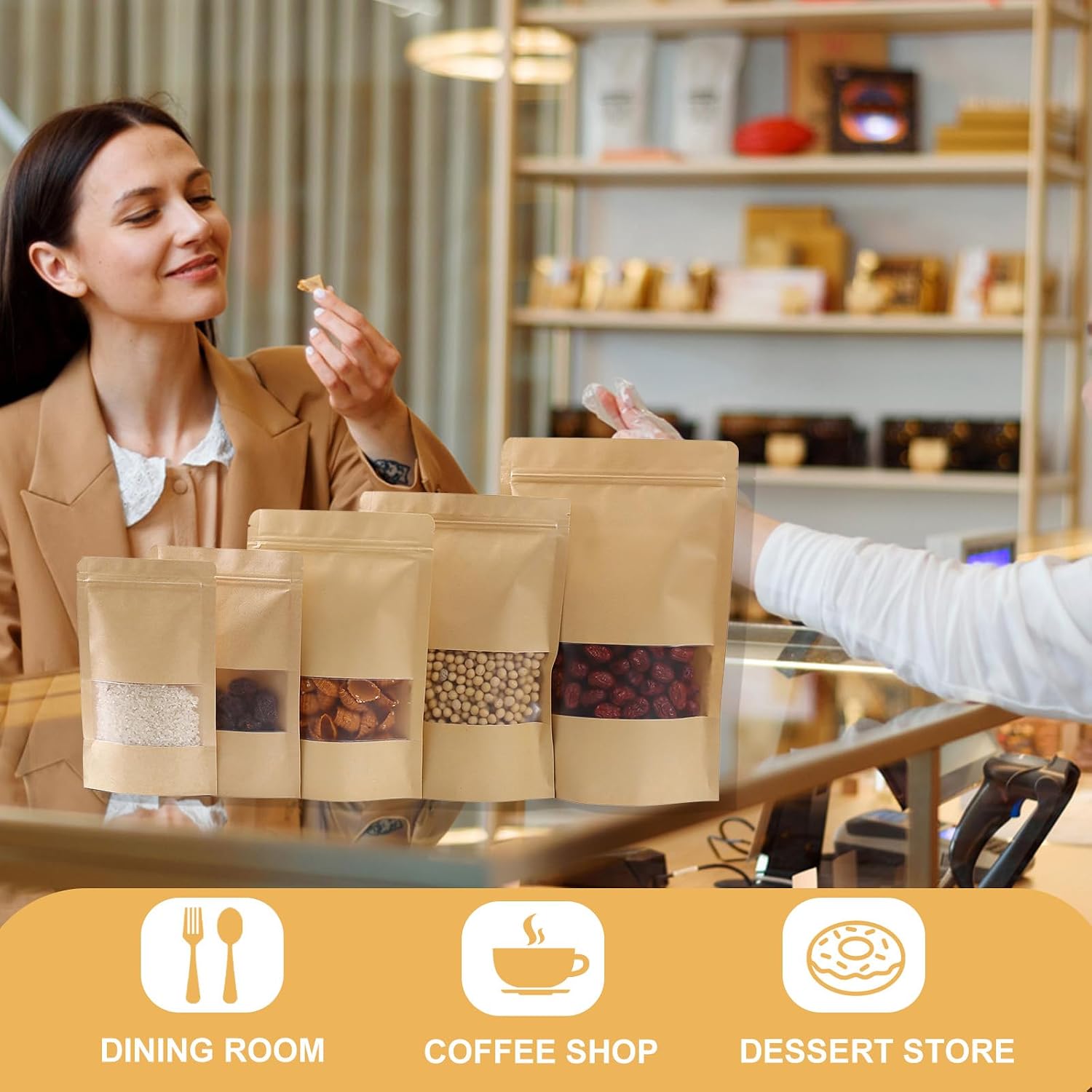 105 Pcs Windowed brown paper Bags,3.5 x 5.5 Inch Stand Up Pouches, Zip Lock Food Storage Bags, Reusable Sealing Pouches for Packaging Products(Brown) (3.5 * 5.5in) - Image 7