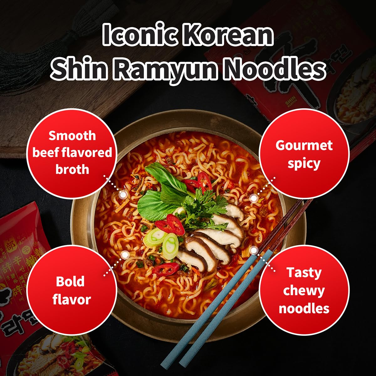 Nongshim Shin Ramyun Noodles, Spicy Korean Signature Instant Ramyun, Rich Beef Flavored Broth, Microwaveable, Korean Instant Noodles, 4.23 oz (Pack of 20), Packaging May Vary. - Image 4