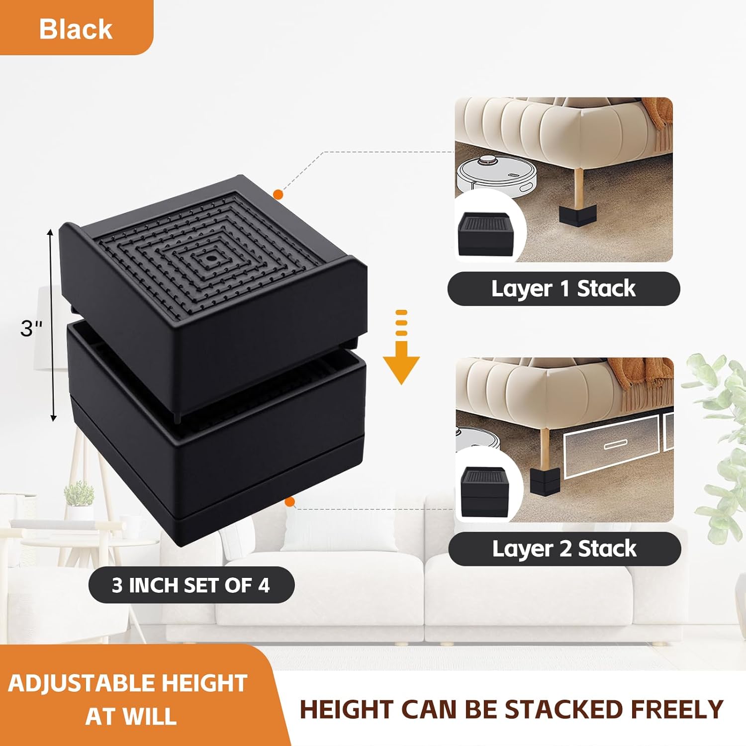 Bed Risers, Furniture Risers 3 inch, Heavy Duty Raise Blocks for Bed Couch Desk Sofa Table, Adjustable Lifters Support up to 1300 Lbs (Black, 4 Pack Set) - Image 4