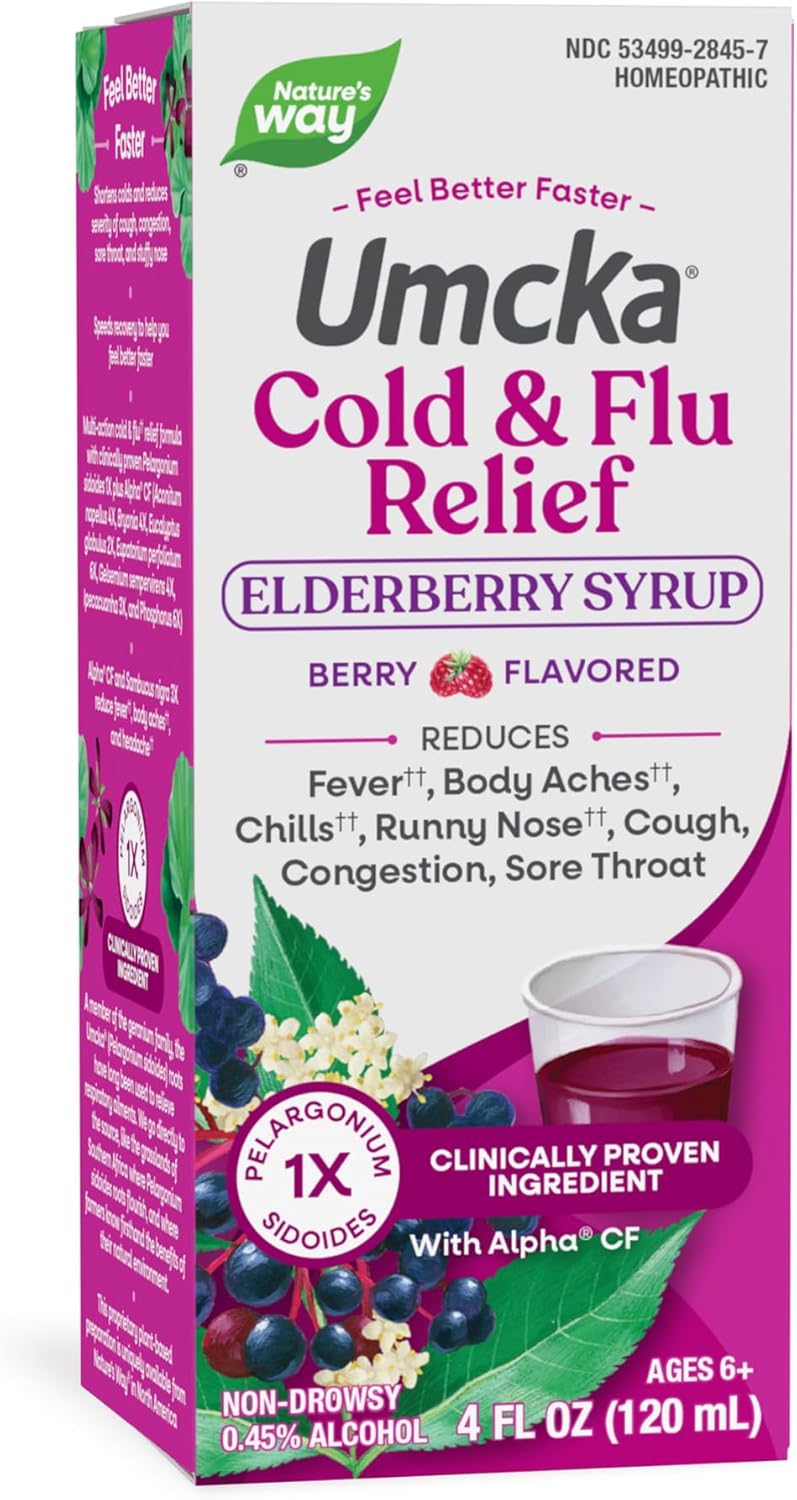 Nature's Way Umcka Cold & Flu Relief Elderberry Syrup, Non-Drowsy Homeopathic Cold and Flu(1) Relief for Sore Throat, Cough, Congestion, Fever(1), Body Aches(1), Berry Flavored, 4 Fl Oz - Image 2