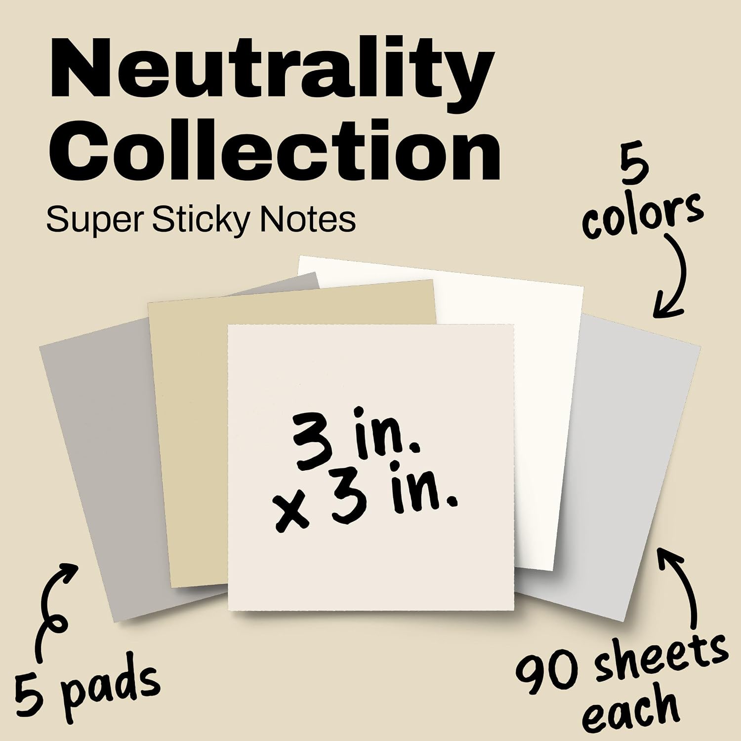 Post-it Super Sticky Notes, 5 Sticky Notes Pads, 3 x 3 in., School Supplies and Office Supplies, 2X the Sticking Power, Neutrality Collection - Image 3