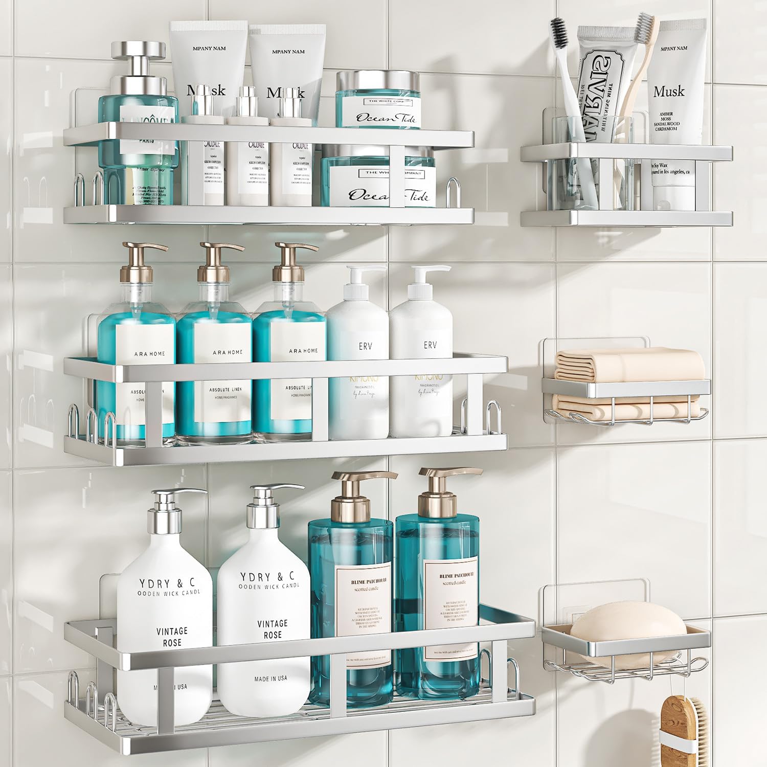 Youvip Shower Caddy 6 Pack, Adhesive Shower Shelves with Soap Holder, No Drilling Rustproof Large Capacity Bathroom Organizers and Storage, Silver - Image 2