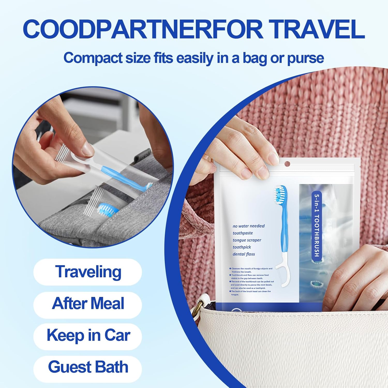 5-in-1 Disposable Mini Travel Toothbrushes with Toothpaste – 26 Pack Individually Wrapped No Water Needed, Portable Toothbrush with Tongue Scraper Floss & Pick - Image 3