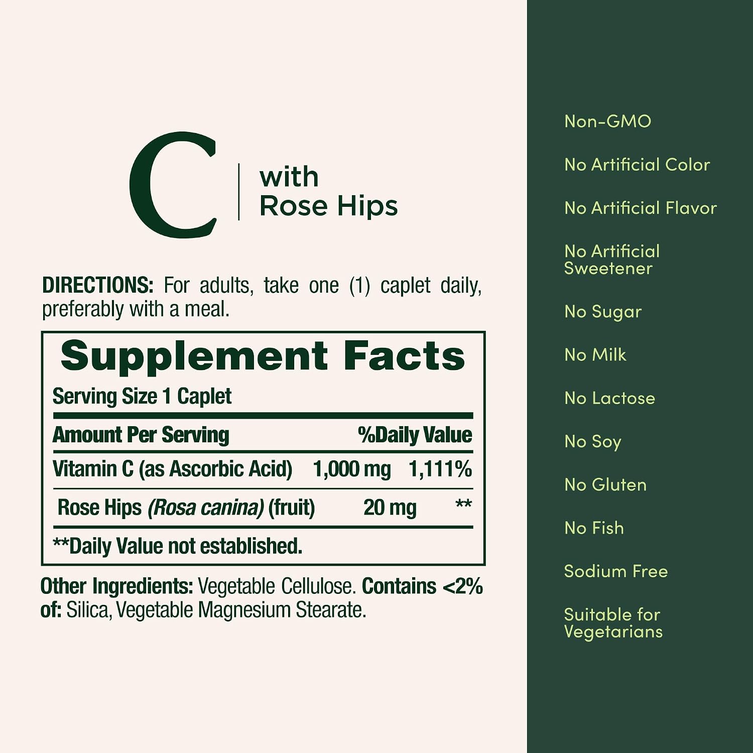 Nature’s Bounty Vitamin C + Rose Hips, Immune Support, 1000mg Vitamin C, Coated Caplets, 1 Serving per Day, Vegetarian Caplets, 100 Ct - Image 6