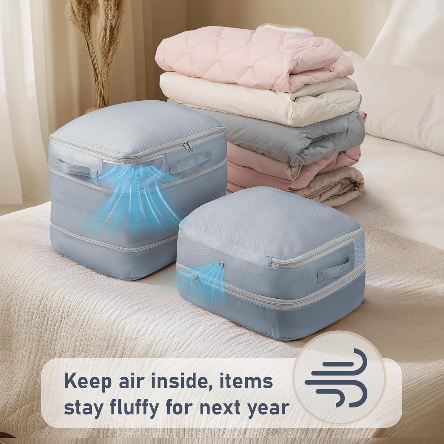 DIMJ Compression Storage Bags 6 Pack - Blanket Storage Bags with Window Zipper, Ultra Space Saving Self Compression Organizer for Puffer Jacket, Bedding, Lightweight Comforter Duvet, Sweater, Sheet - Image 4