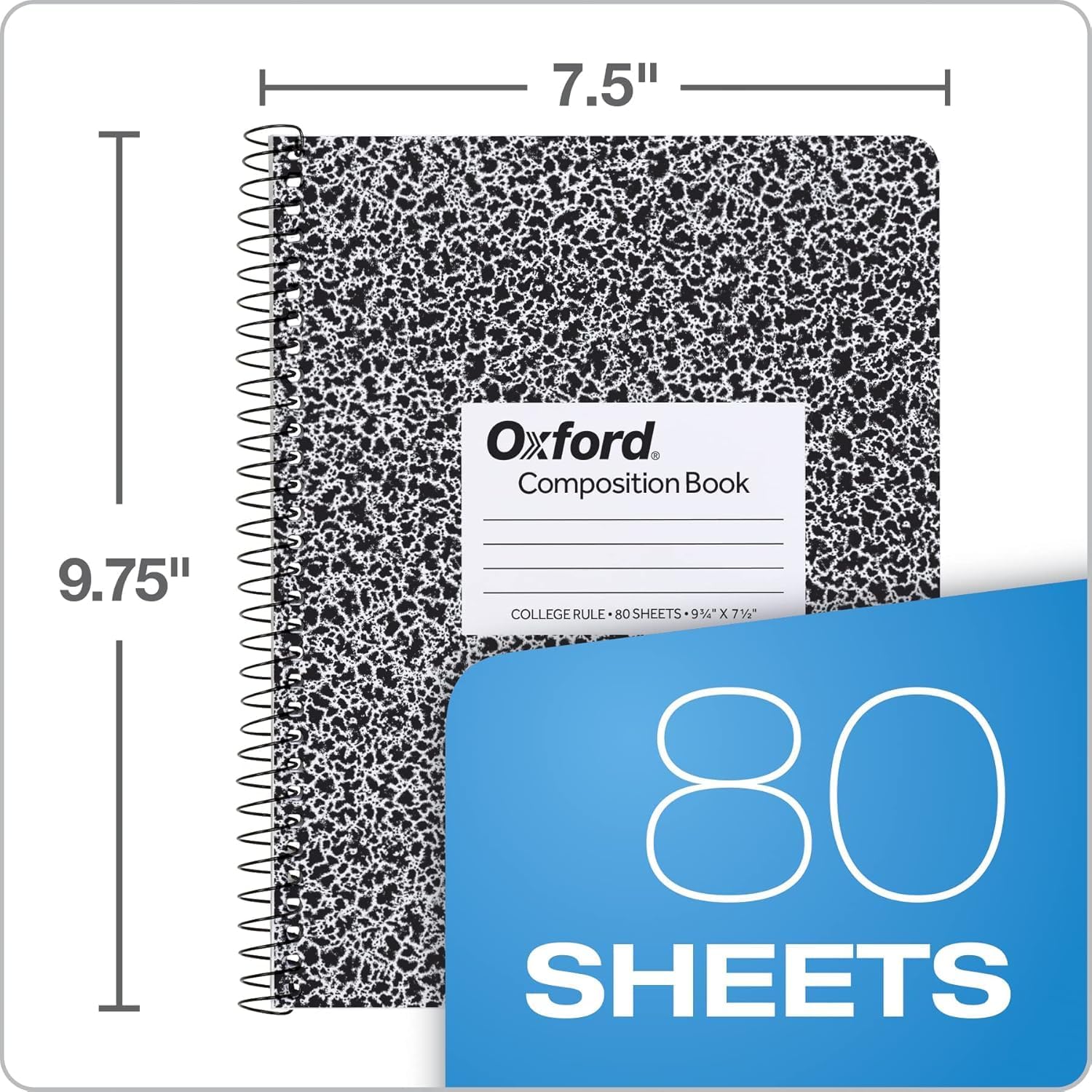 Oxford Spiral Composition Notebooks, 4 Pack, College Ruled Paper, 9-3/4 x 7-1/2 Inches, 80 Sheets, Black Marble Cover (64951) - Image 2