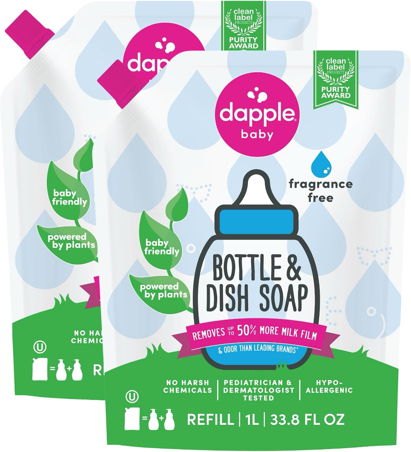 Dapple Baby Fragrance-Free Bottle & Dish Soap Refill Pouch - (2 Pack) 33.8 fl oz - Plant-Powered Cleaner for Baby Bottles, Pump Parts, and Sippy Cups - Image 2
