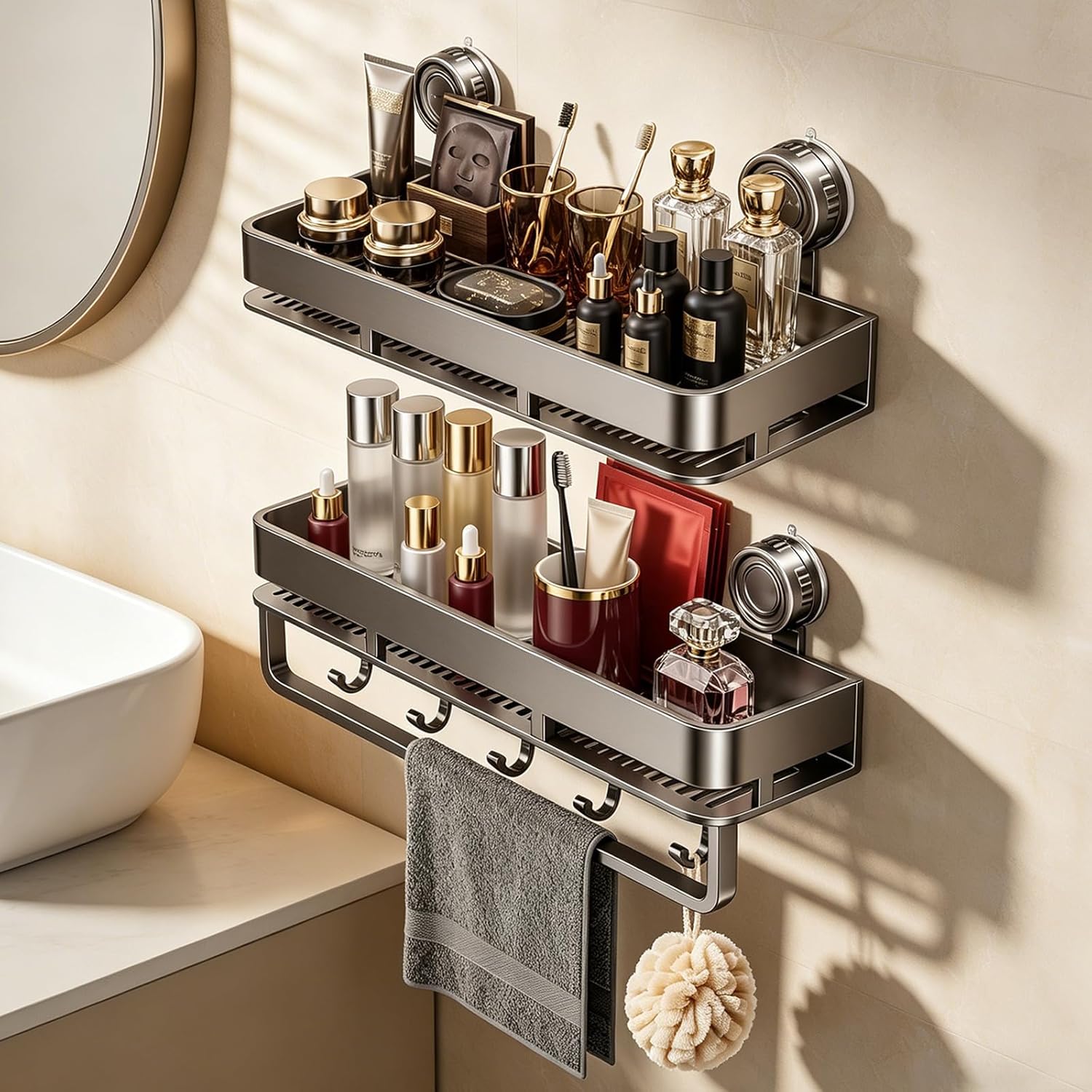 Suction Cup Shower Caddy, No Drilling Rectangular Shelf for Inside Shower, Heavy Duty Carbon Steel Bathroom Organizer Storage Rack with Towel Bar & Hooks, Rust-Resistant (Grey,2-Pack) - Image 2