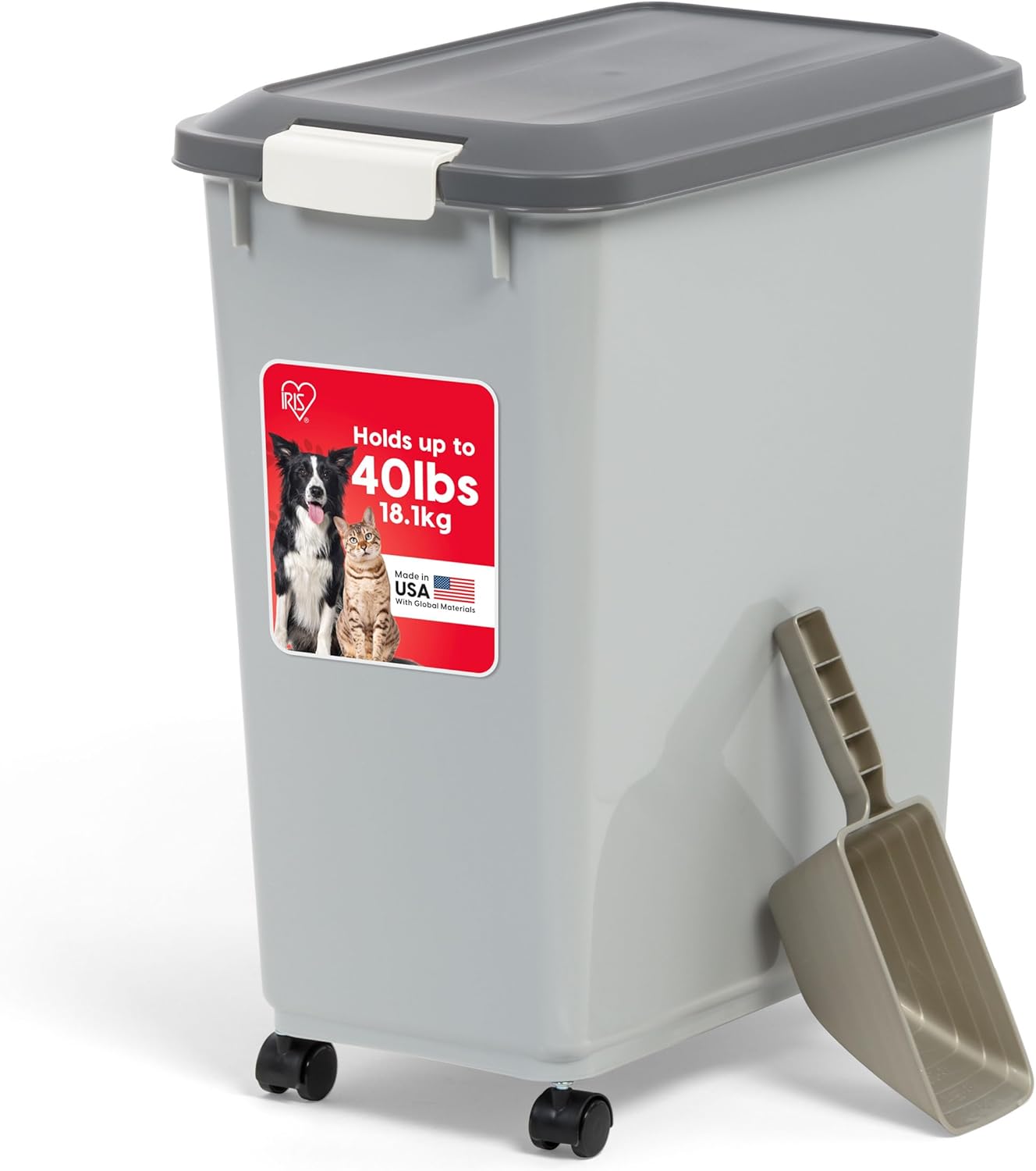 IRIS USA Dog Food Storage Container with Wheels, Airtight Lid, 2-Cup Scoop, Up to 40 Pounds Pet Food Storage, Built in Scoop Storage in Lid, Versatile Pet Food Bin, Portable, BPA Free, Gray/Dark Gray - Image 2