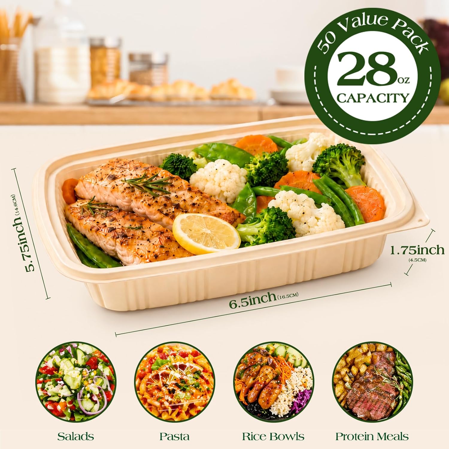 100 Piece (50 Pack) Meal Prep Containers with Lids, 28 oz Cornstarch Food Storage Containers Plant-based Lunch Box for Salad,BPA Free Plastic Take Out Containers Microwave and Freezer Safe - Image 5