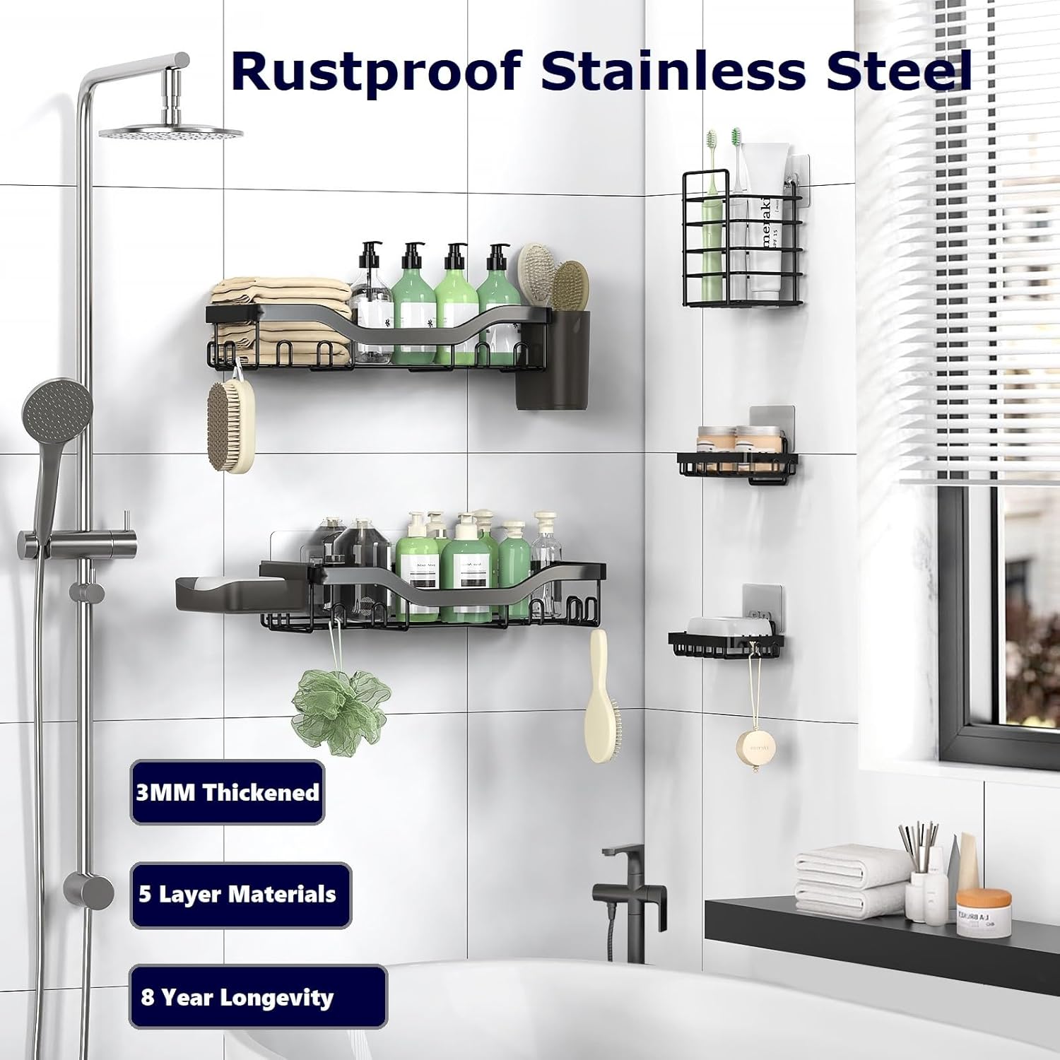 NESOMI Shower Caddy Adhesive Shower Organizer 7-Pack, Rustproof Stainless Steel Bathroom Shelves, Large Capacity No-Drill Rack Storage Accessories with Soap Dish Toothbrush Holder &24 Hooks Home Decor - Image 5
