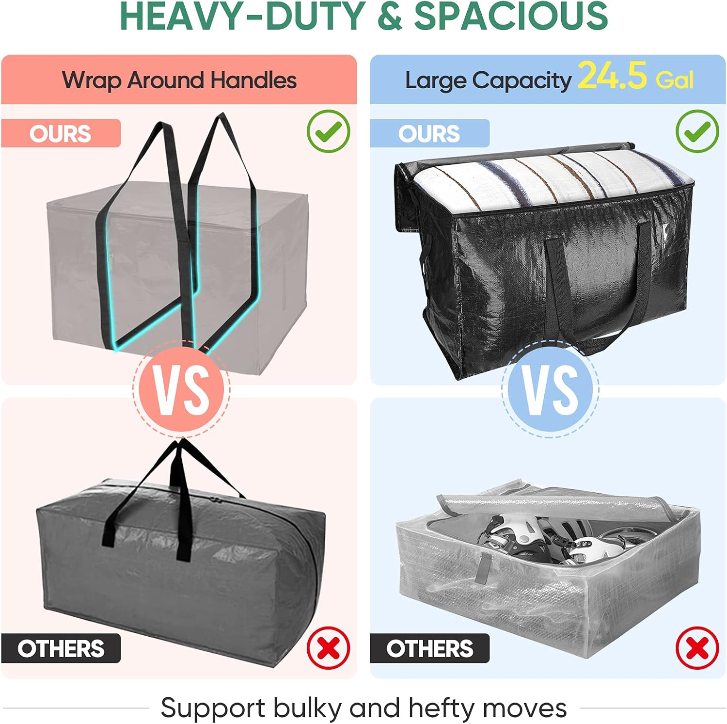 BALEINE 6-Pack Oversized Moving Bags with Reinforced Handles, Heavy-Duty Storage Tote for Clothes, Moving Supplies (Black, 6-Pack) - Image 5