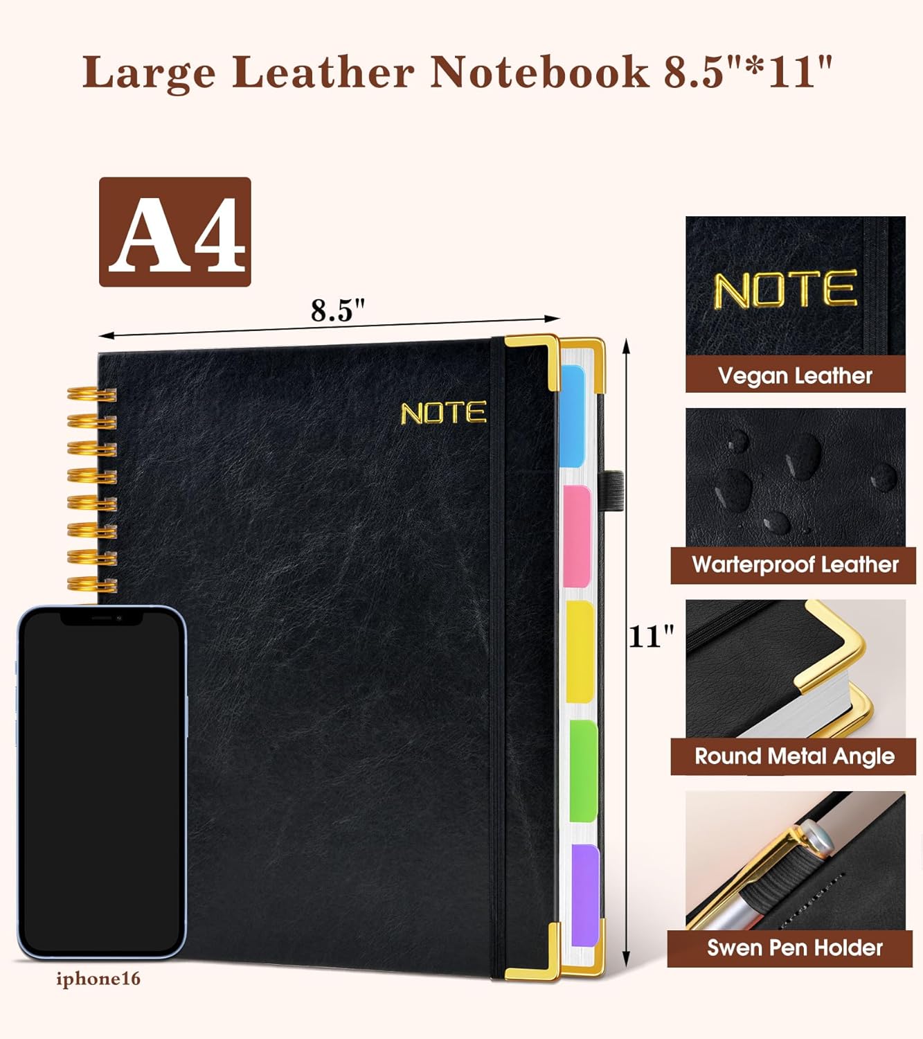Hardcover Large Spiral Notebook 8.5" x 11" with Removable Dividers Tabs, 300 pages Leather 5 Subject Notebook College Ruled, A4 Journal for Women Men, Notebooks for Work School Note taking,Black - Image 3