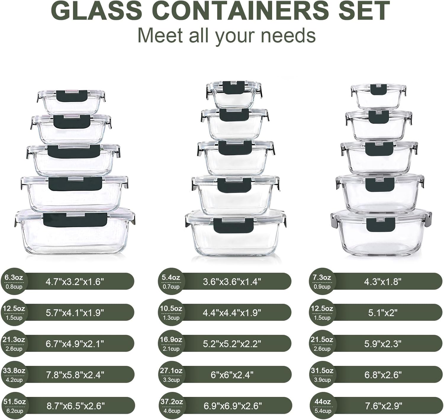 KOMUEE 30 Pieces Glass Food Storage Containers Set, Glass Meal Prep Containers Set with Snap Locking Lids, Airtight lunch Containers for Microwave, Oven, Freezer & Dishwasher,Gray - Image 3