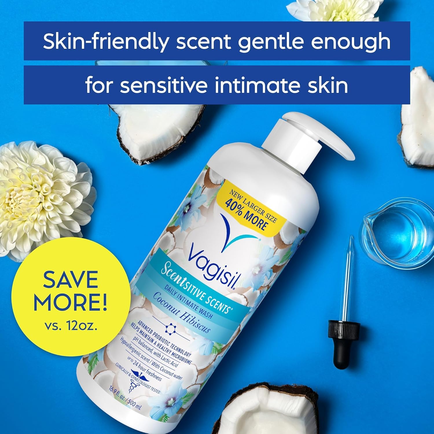 Vagisil Feminine Wash for Intimate Area Hygiene, Scentsitive Scents, pH Balanced and Gynecologist Tested, Coconut Hibiscus, 16.9 oz with Pump - Image 3