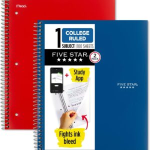 Five Star Spiral Notebook + Study App, 2 Pack, 1 Subject, College Ruled Paper, 100 Sheets, 8-1/2″ x 11″, Pacific Blue, Fire Red (38452)