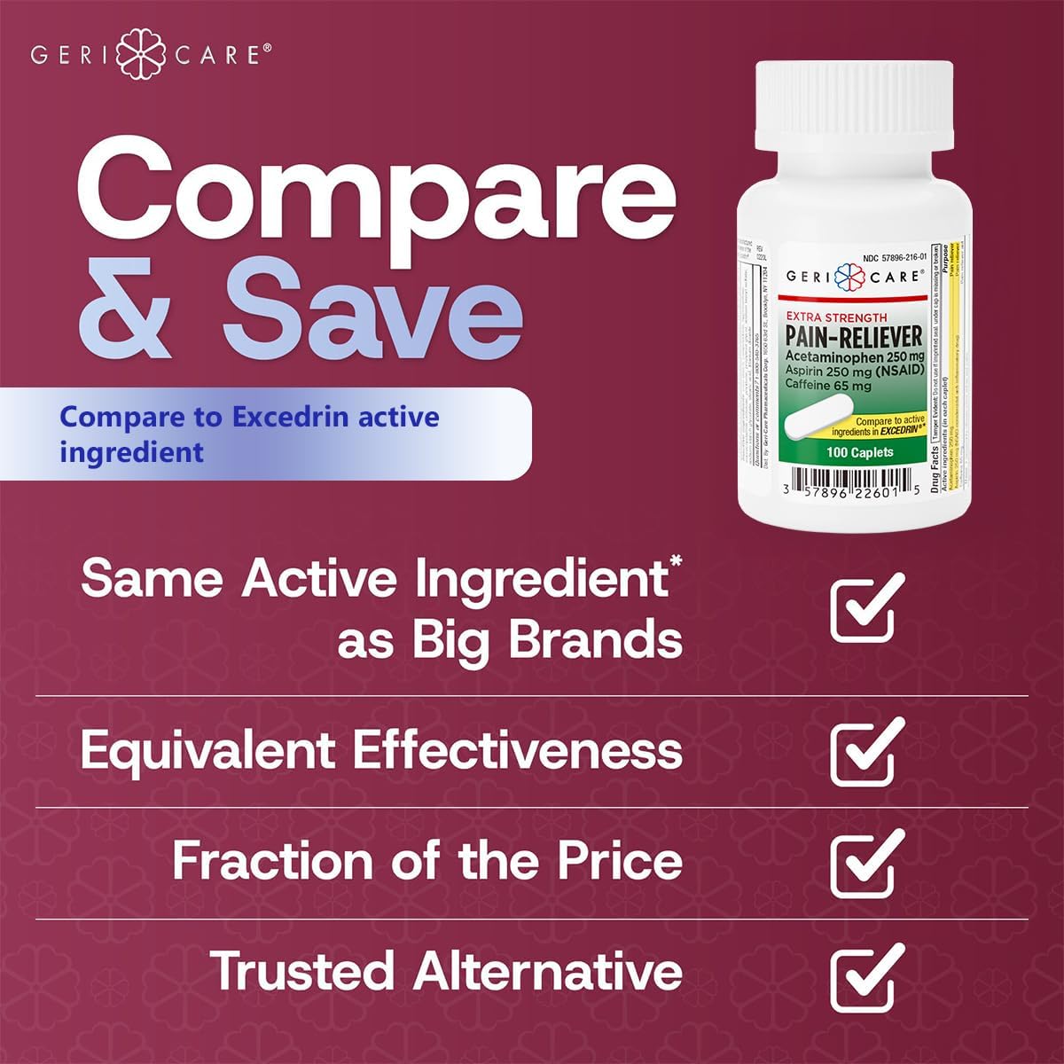 GeriCare Pain Reliever Extra Strength Caplets – 100 Count – Acetaminophen 250mg, Aspirin 250mg (NSAID), Caffeine 65mg – Powerful Triple-Action Formula for Headaches, Migraines & Minor Aches - Image 3
