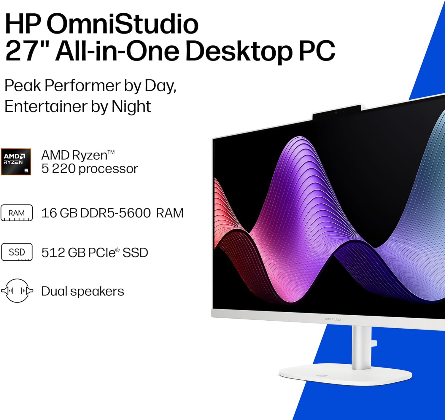 HP OmniStudio 27 inch All-in-One Desktop PC, FHD Display, AMD Ryzen 5 220, 16 GB RAM, 512 GB SSD, AMD Radeon 740M Graphics, Windows 11 Home, Cotton White, 27-cv0002 (2026) - Image 3