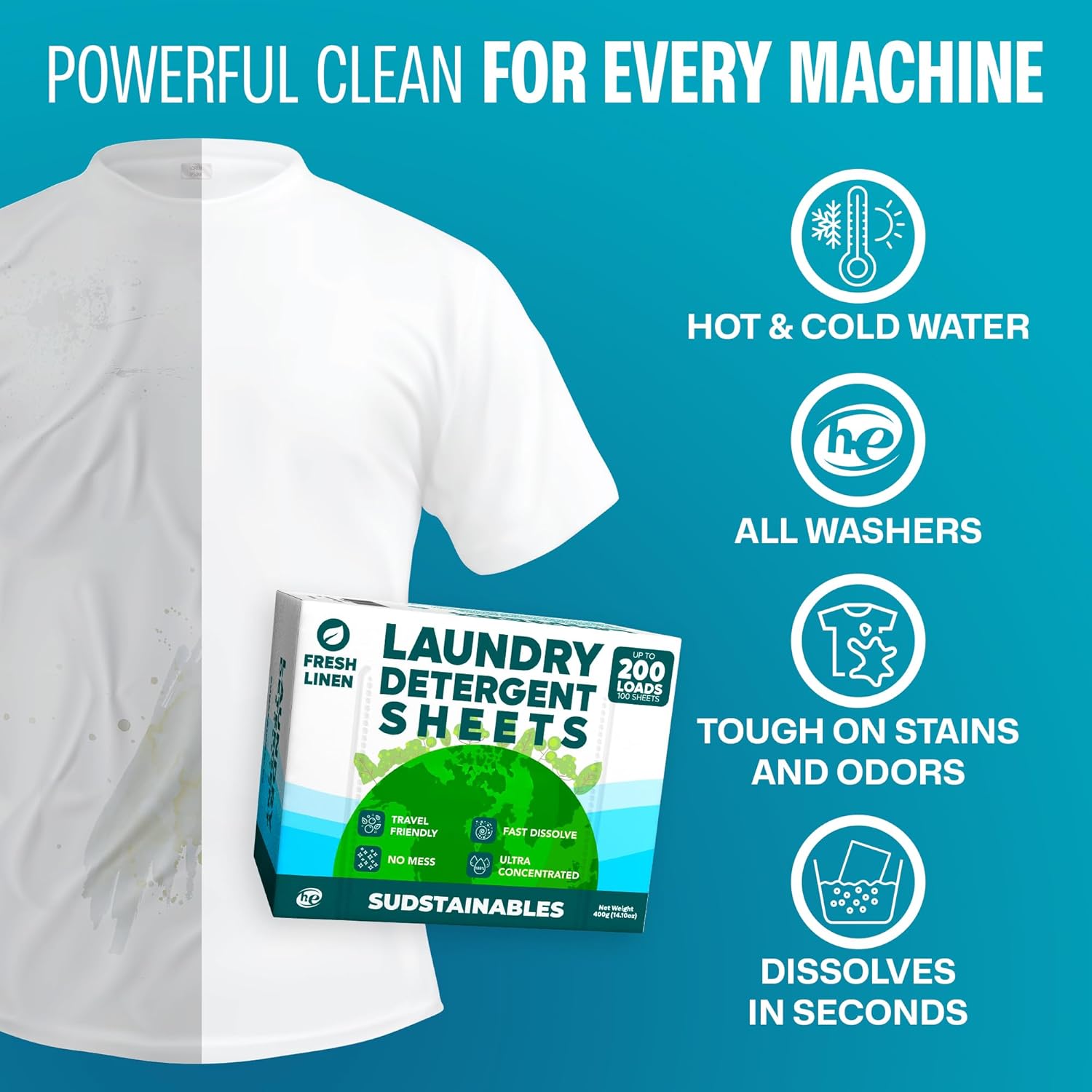 Sudstainables Laundry Detergent Sheets 200 Loads – Dissolvable Laundry Sheet for Washing Machines, Compact Alternative to Liquid & Powder Detergent, Travel-Friendly Soap | Fresh Linen - Image 5