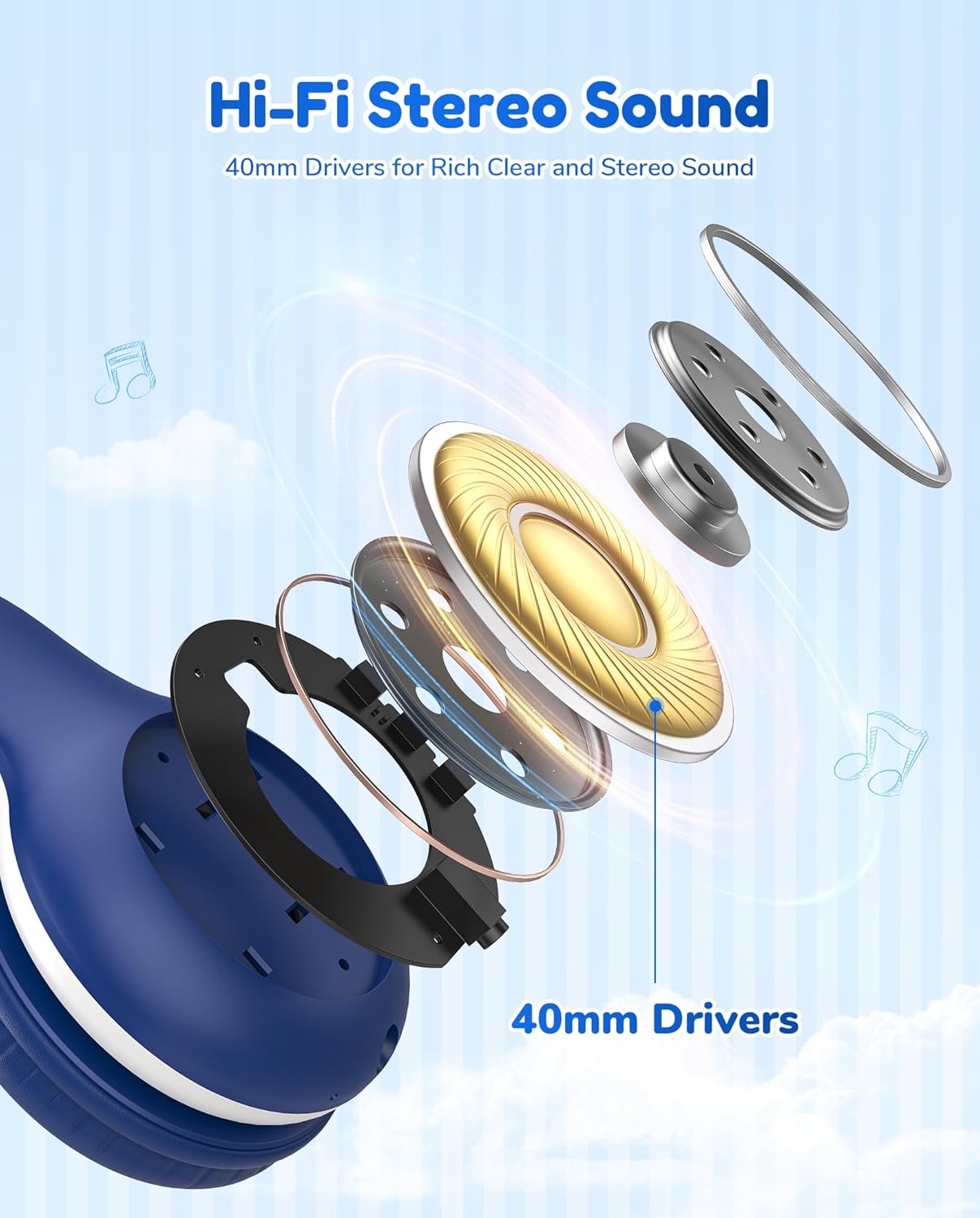 EarFun K2 Kids Bluetooth Headphones, Kids Headphones with Volume Limited, 40H Playtime, Built-in Mic, Stereo Sound, Foldable Over-Ear Headphone for School/Travel/iPad/Tablet, Blue - Image 4