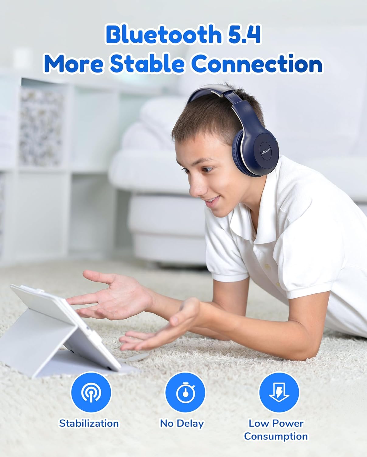EarFun K2 Kids Bluetooth Headphones, Kids Headphones with Volume Limited, 40H Playtime, Built-in Mic, Stereo Sound, Foldable Over-Ear Headphone for School/Travel/iPad/Tablet, Blue - Image 5