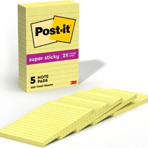 Post-it Super Sticky Notes, 4×6 in, 5 Pads, 2X the Sticking Power, Canary Yellow, Recyclable