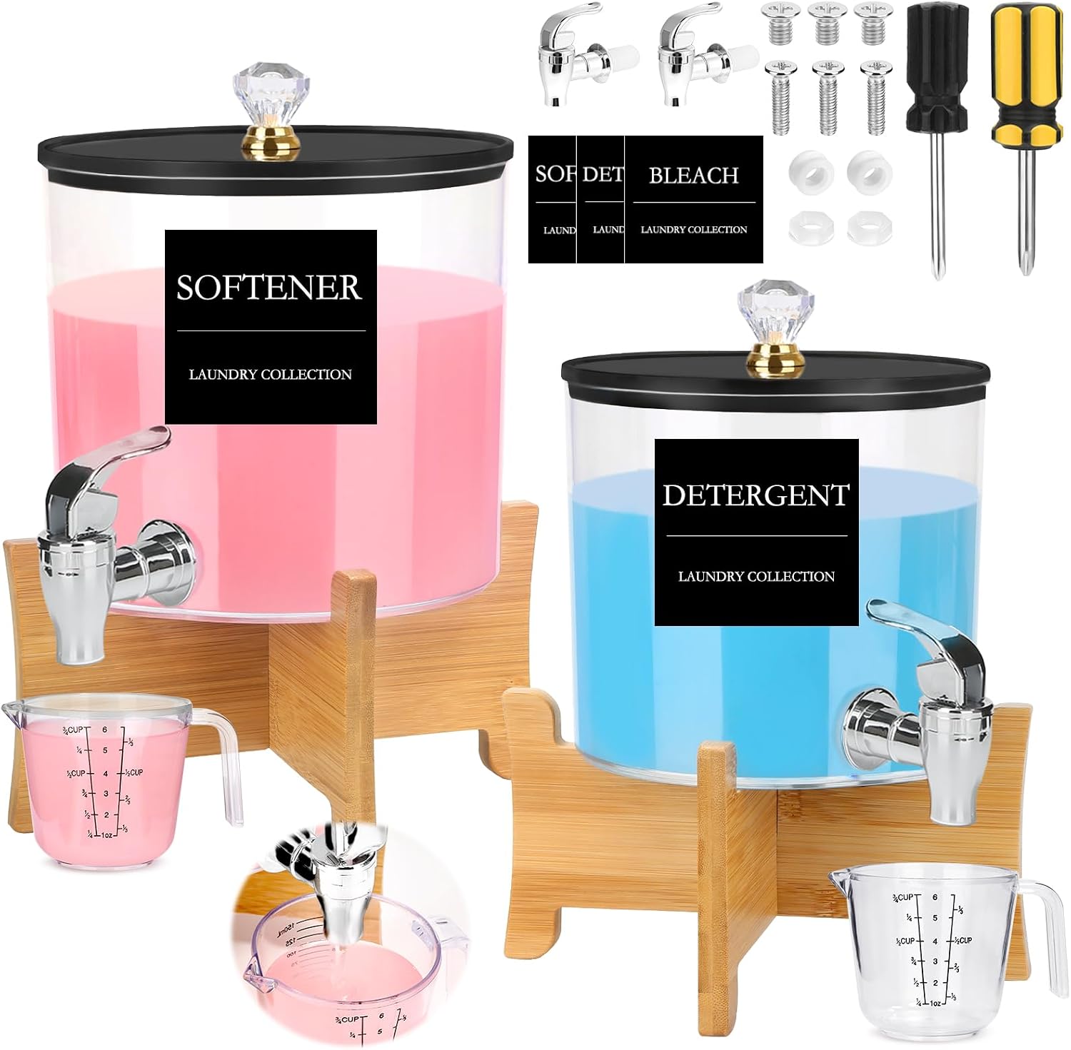 Laundry Detergent Dispenser Set 2 Pack Large & Small Liquid Laundry Soap Dispensers with Bamboo Stands Acrylic Laundry Detergent Containers Total Capacity About 1.25 Gallons Laundry Room Organization - Image 2