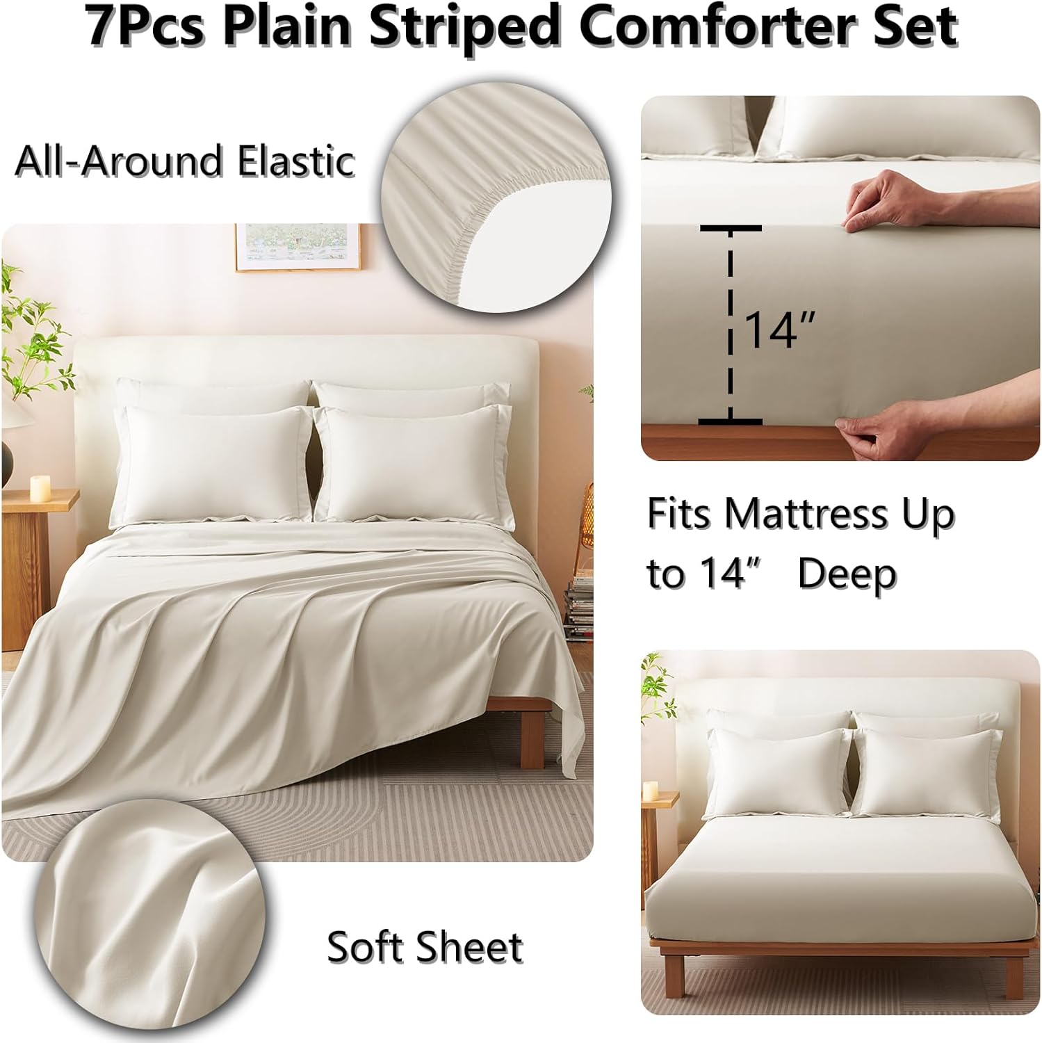 CozyLux Queen Comforter Set Beige - 7 Pieces Bed in a Bag, Modern Vertical Quilted Room Decor, Soft All-Season Bedding Gift with Comforter, Sheets, Pillowcases & Shams - Image 8