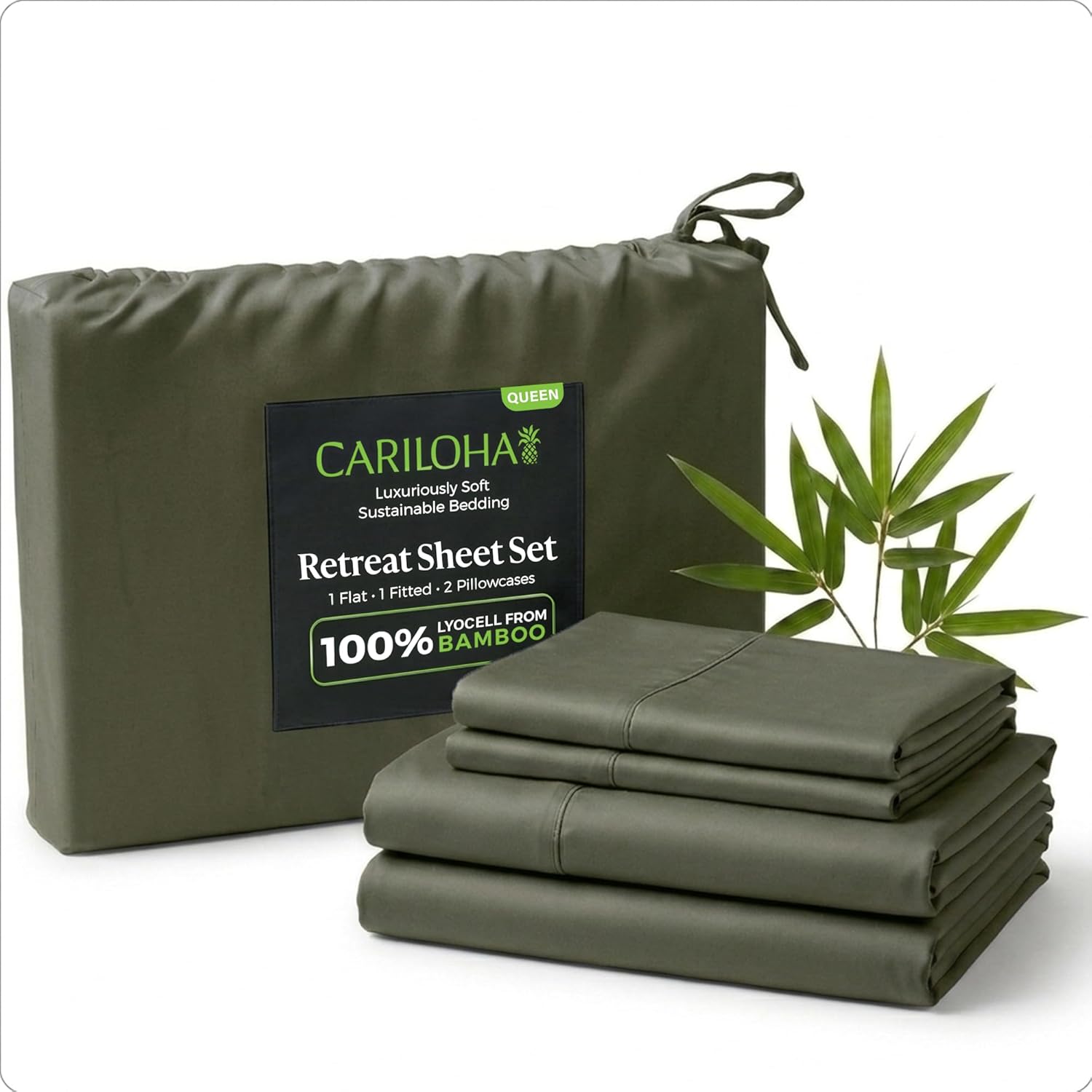 Cariloha Retreat 4-Piece Sateen Sheet Set | Oasis Green | Queen | Lyocell Material | Breathable, Corner Straps, Extra Soft & Cooling - Image 2