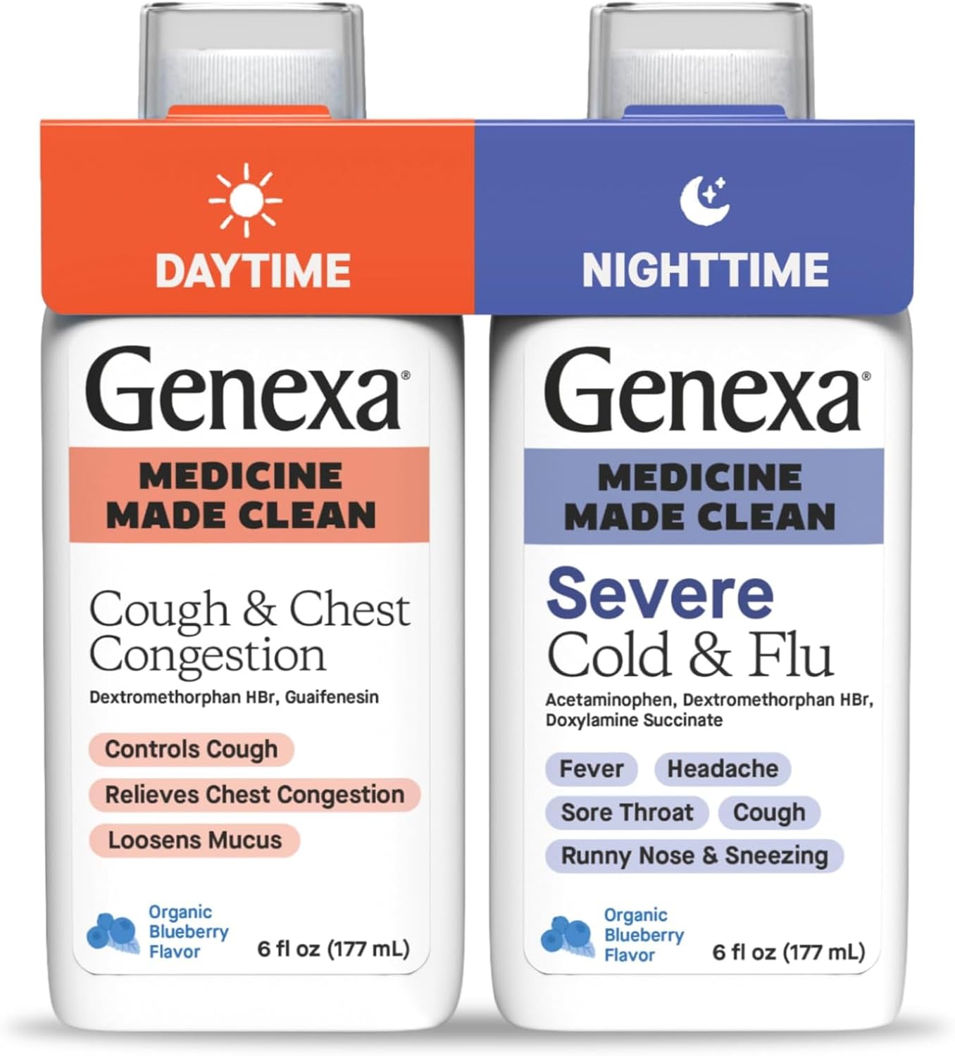 Genexa Clean Cough & Congestion + Nighttime Relief Combo Pack, Dye Free, 0% Artificial Additives, Liquid Multi-Symptom Cough, Cold, & Flu, Organic Blueberry Flavor, 12 fl oz (2 Pack) - Image 2