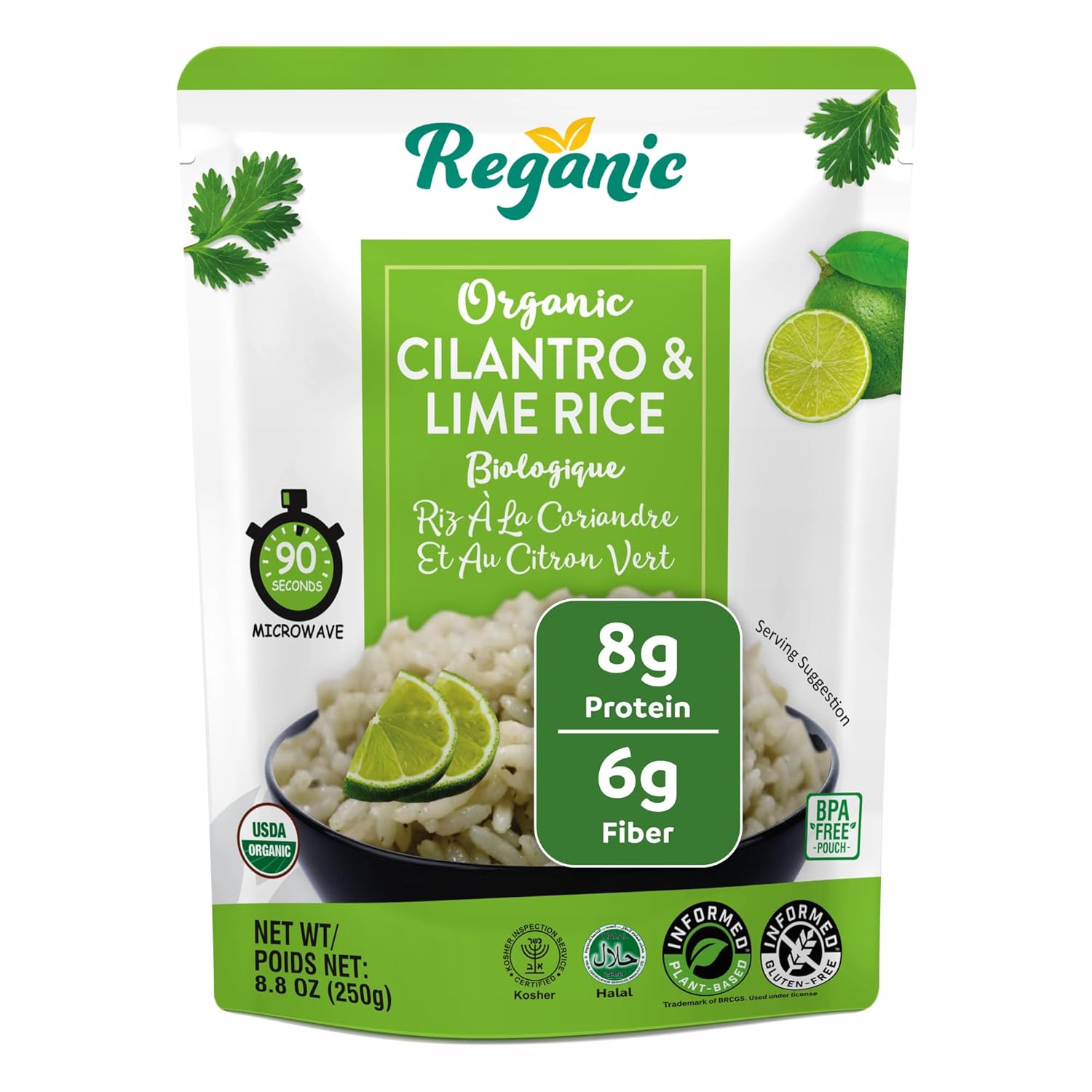 Regganic Organic Cilantro & Lime Rice – USDA Organic Ready to Eat Rice, 8g Protein & 6g Fiber per Pouch, Microwave Rice Ready in 1.5 Minutes, Vegan Gluten-Free Non-GMO, 8.8 oz Pack of 6 - Image 2
