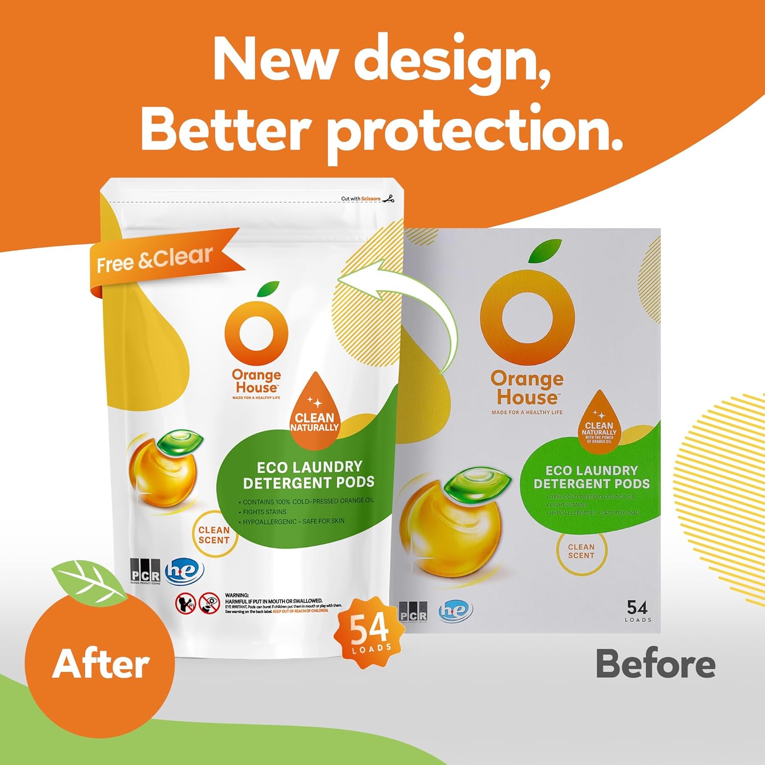 ORANGE HOUSE Laundry Detergent Pods, Natural Plant-Based Detergent with Orange Oil|Hypoallergenic, Child-Resistant Pouch, Free & Clean, Scent-Free, HE & Standard Machine Compatible. 54 Count - Image 3