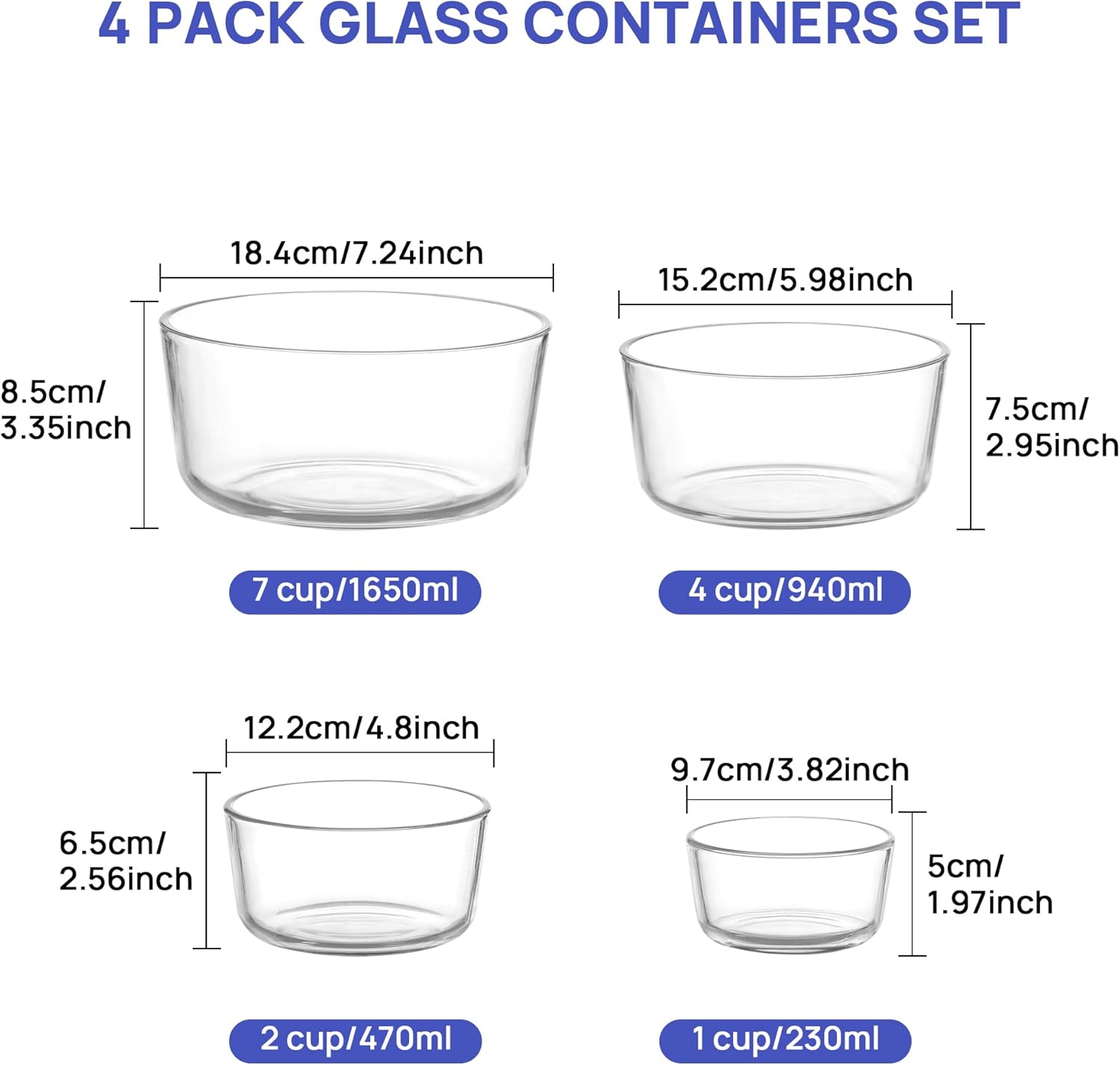 Vtopmart 4 Pack Glass Bowls with Lids (1, 2, 4, 7 Cup), Food Storage Containers, Meal Prep and Leftovers Keeper, Lunch Container, Microwave, Dishwasher & Freezer Safe - Image 3